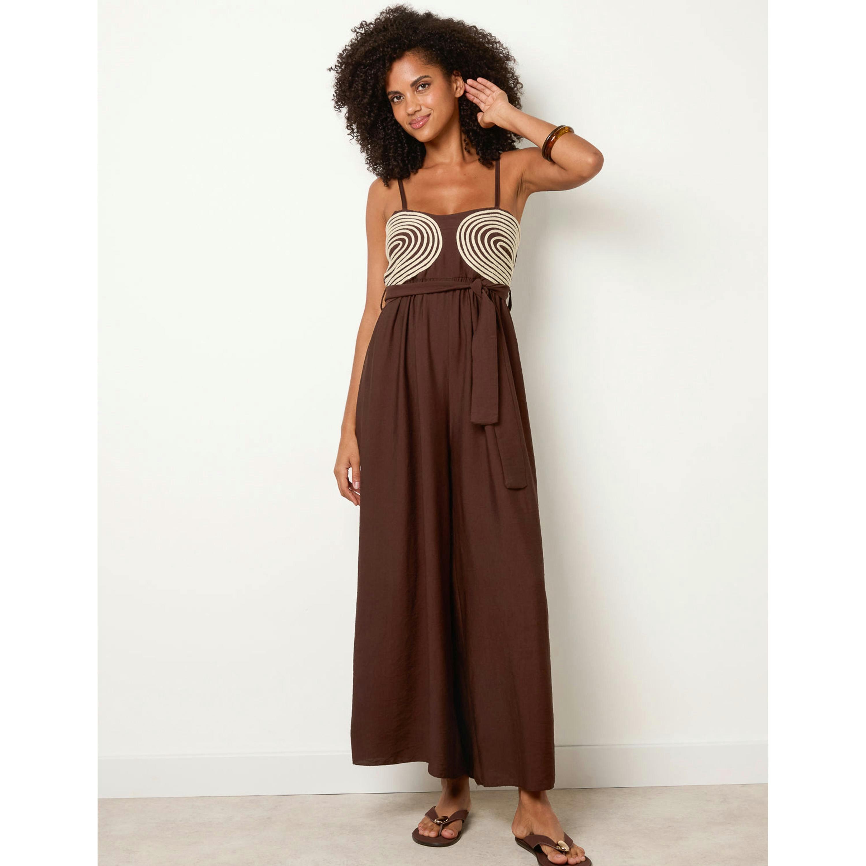 Blue Vanilla Gold Detailed Embroidered Stitching Jumpsuit  in Brown , view 1 of 4