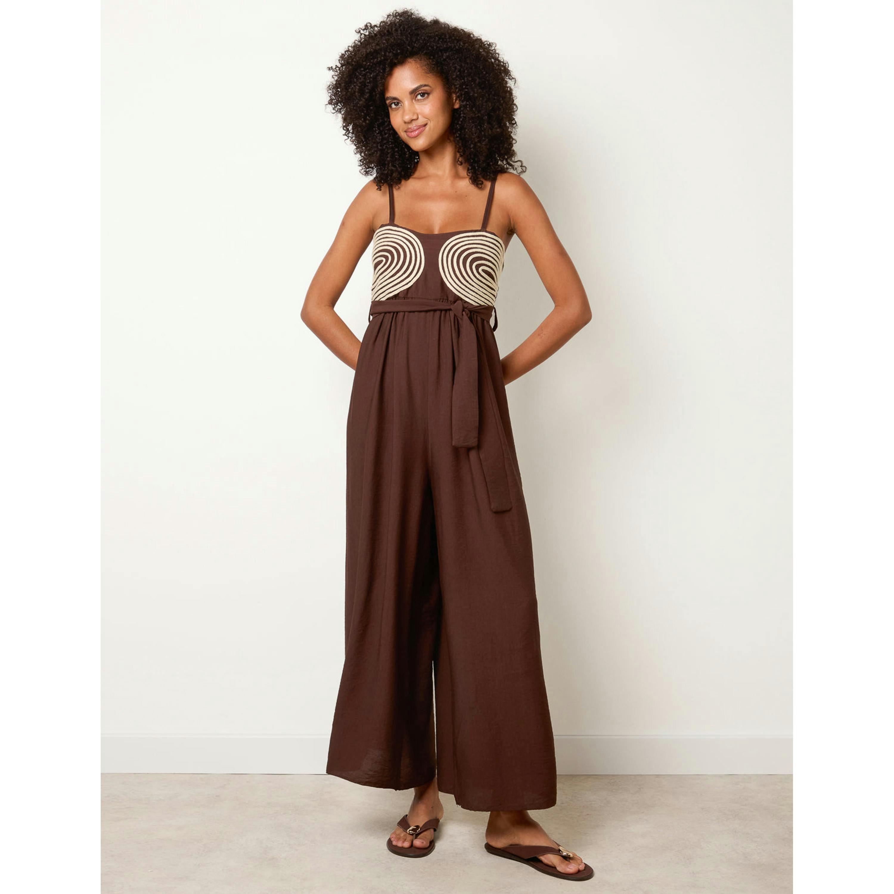 Blue Vanilla Gold Detailed Embroidered Stitching Jumpsuit  in Brown , view 3 of 4