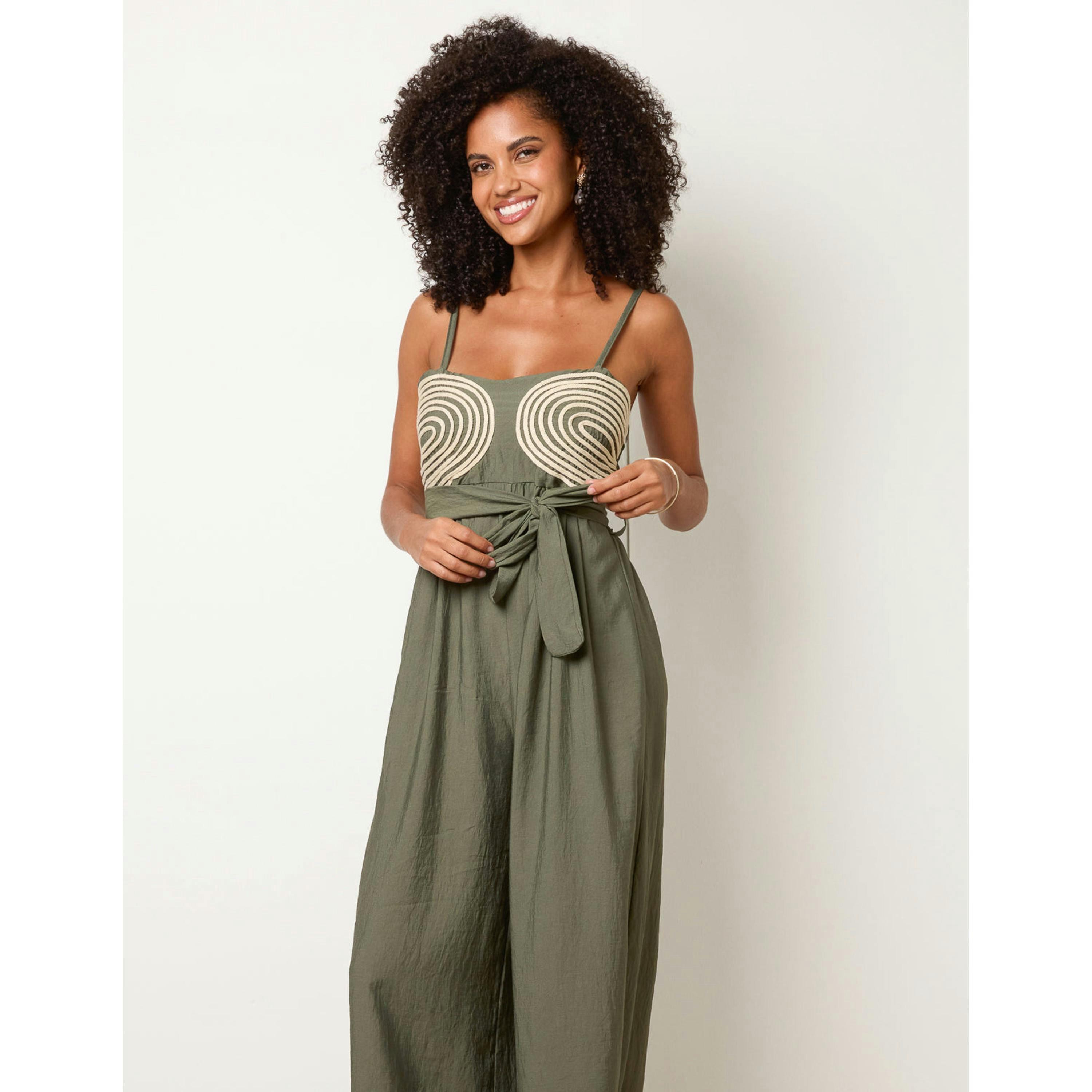 Blue Vanilla Gold Detailed Embroidered Stitching Jumpsuit  in Khaki , view 4 of 4