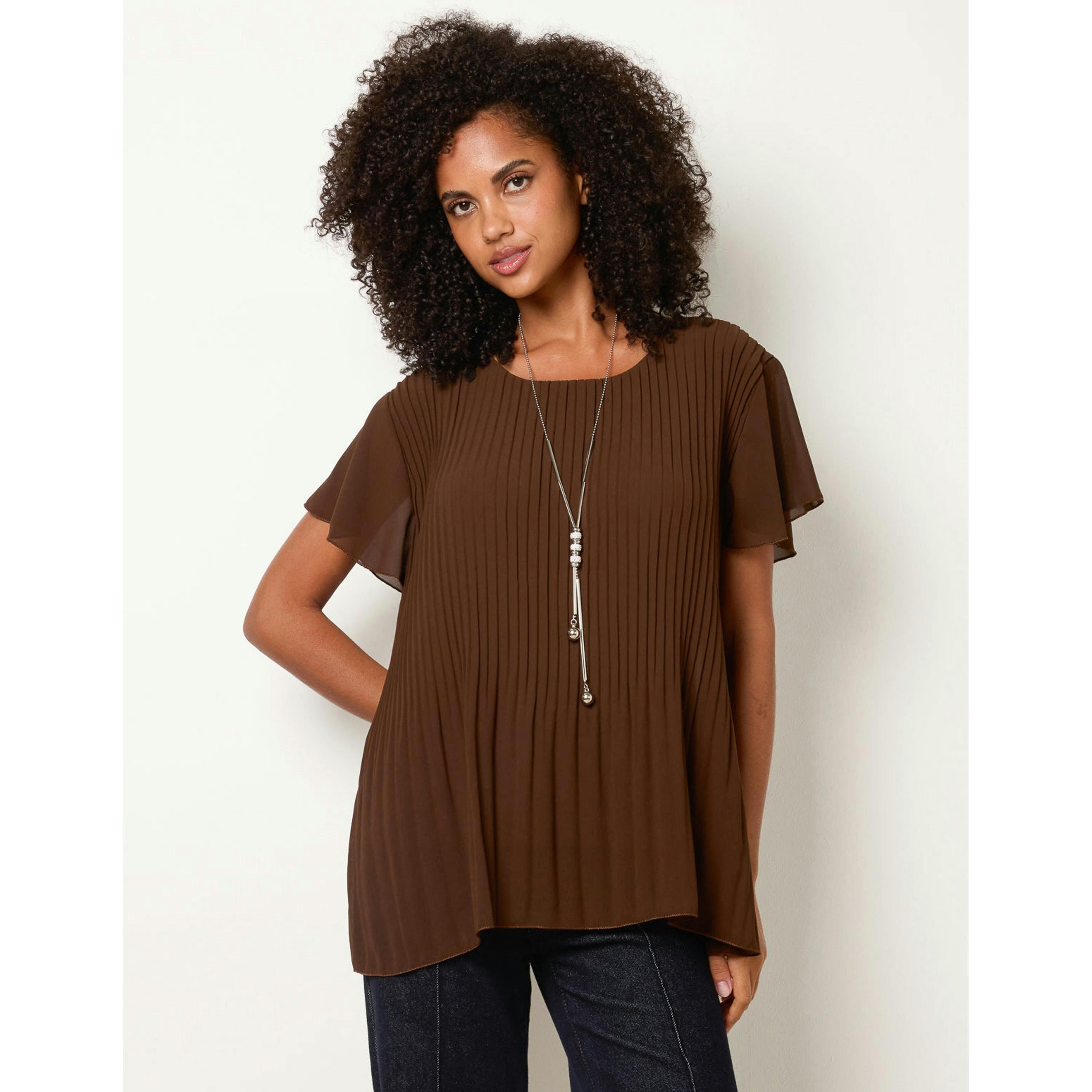 Blue Vanilla Pleated Short Sleeve Top  in Brown , view 1 of 4