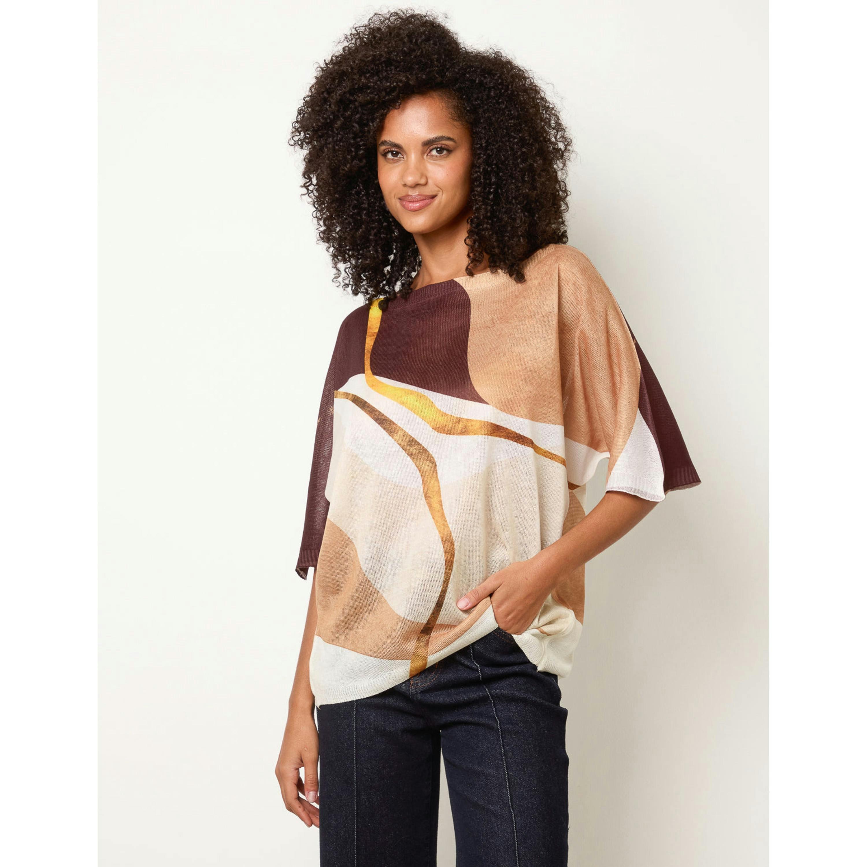 Blue Vanilla Striking Watercolour Fine Knit Abstract Top  in Brown , view 1 of 4