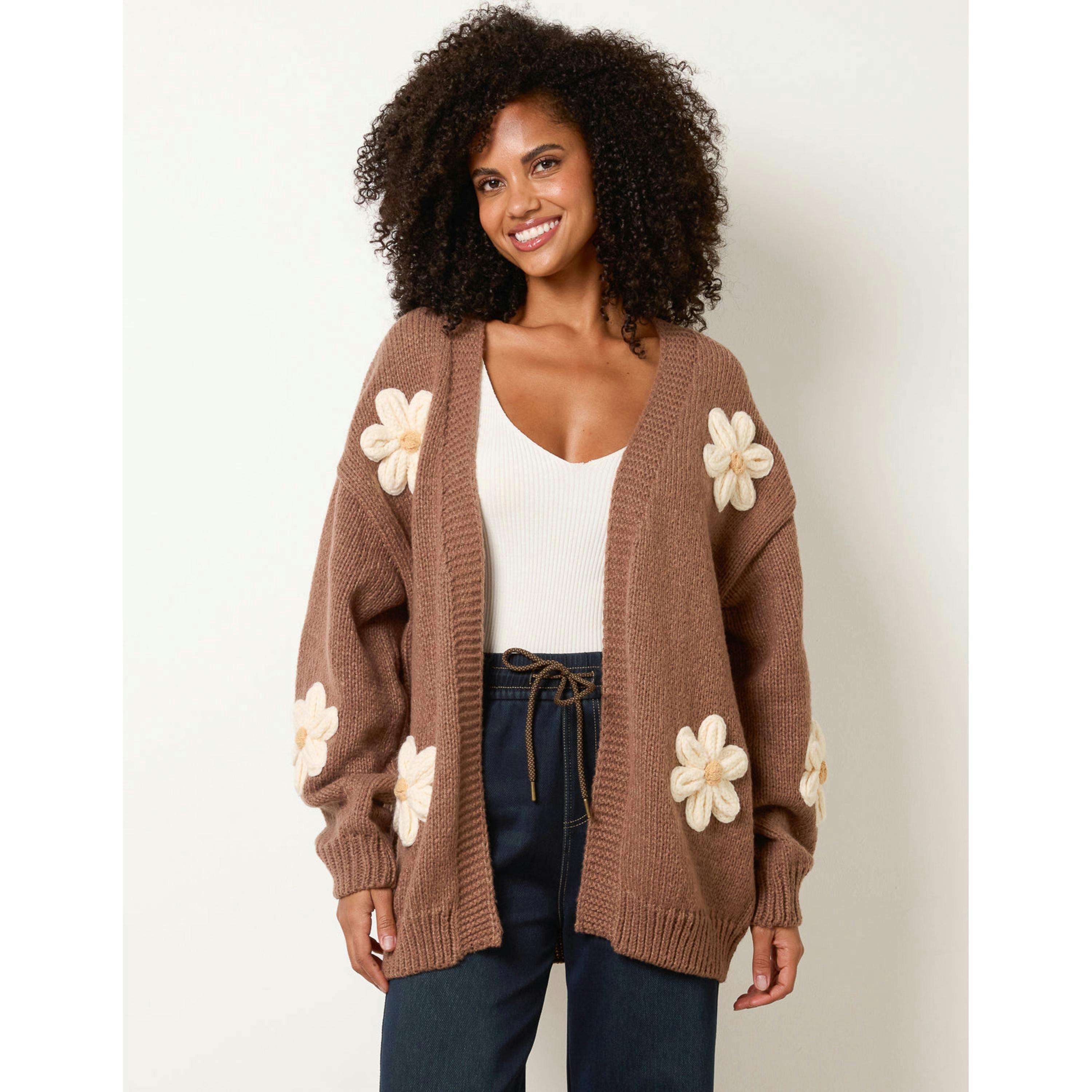Blue Vanilla Daisy Large Flower Cardigan  in Brown , view 1 of 4