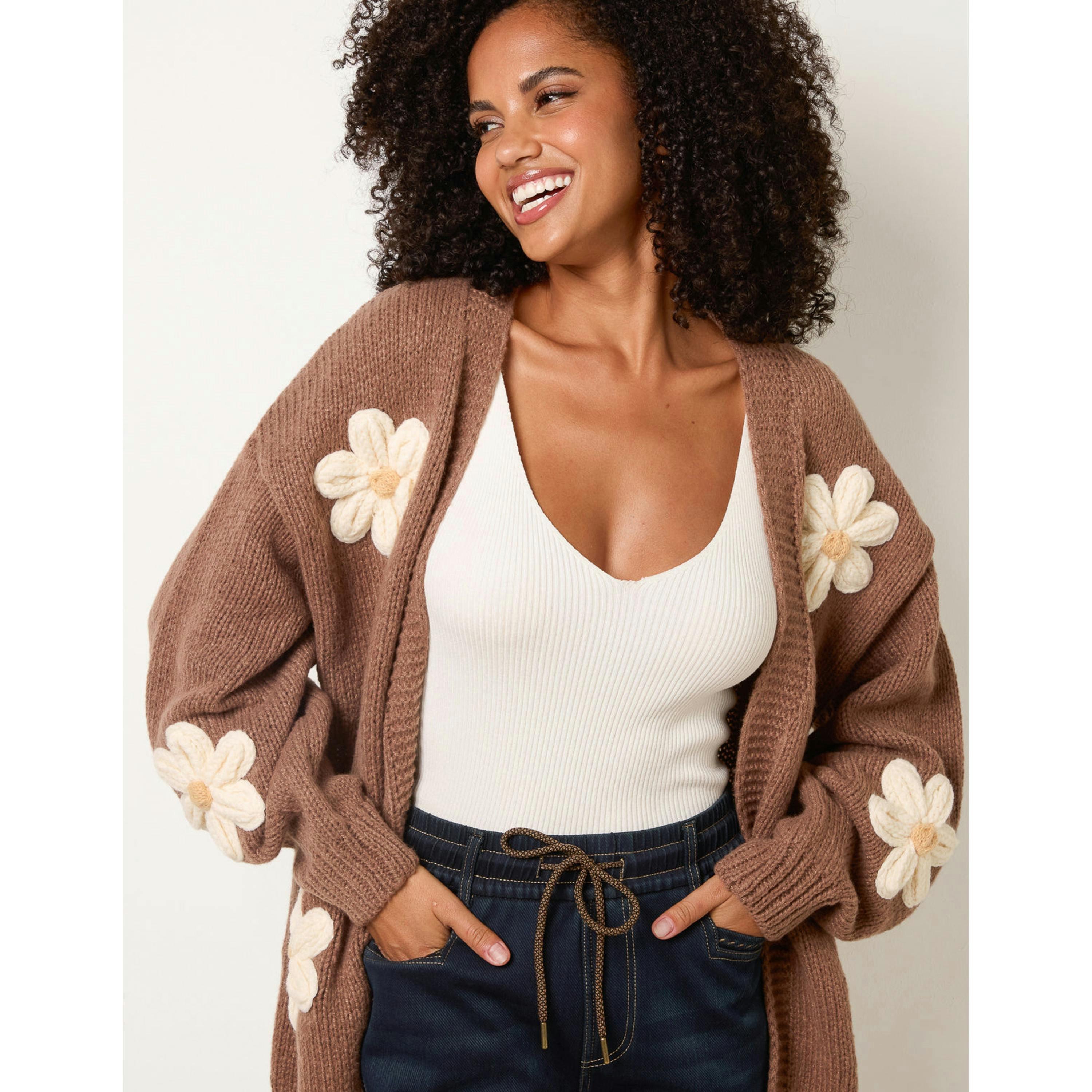 Blue Vanilla Daisy Large Flower Cardigan  in Brown , view 2 of 4