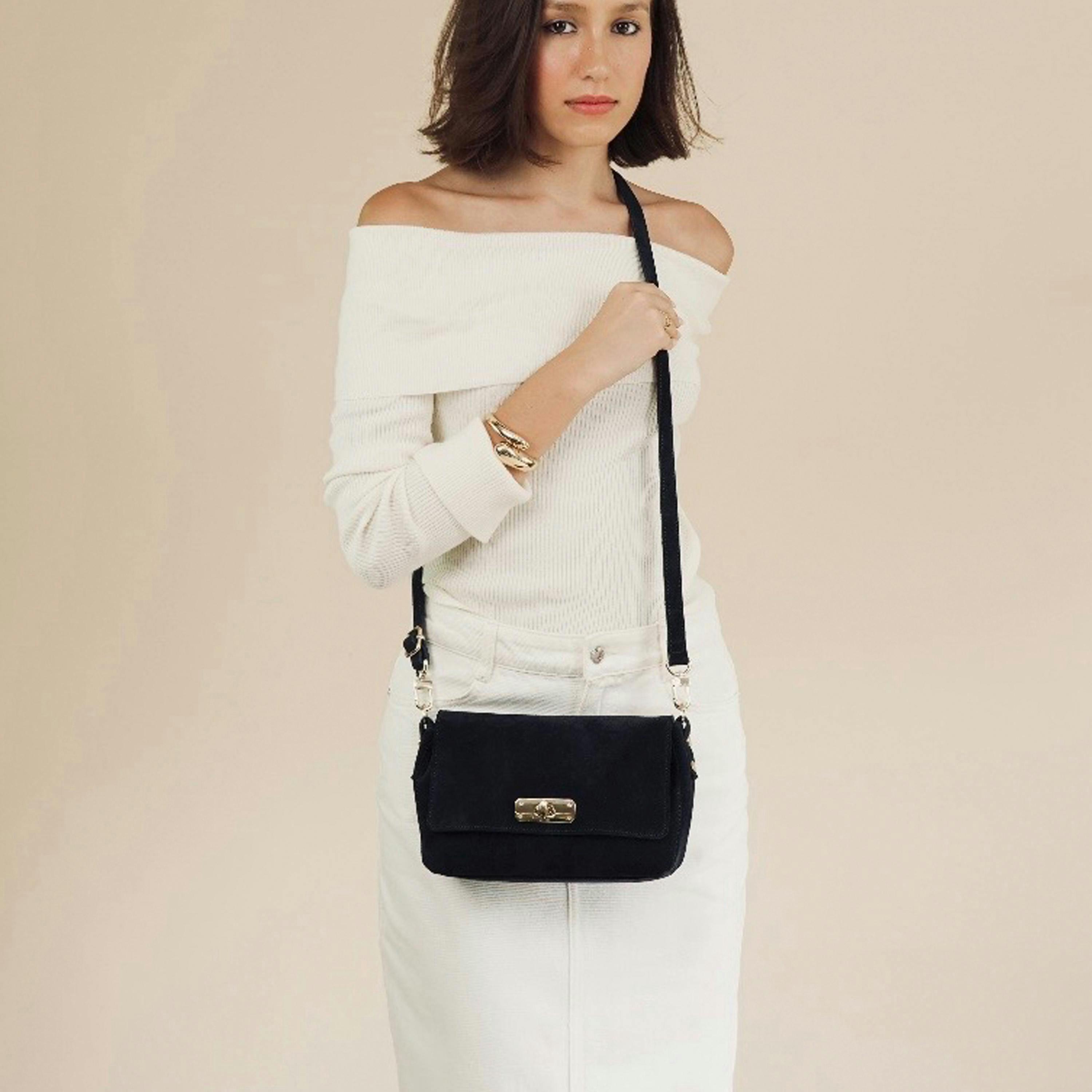 The Maisie Midi Navy Suede Bag , view 2 of 6