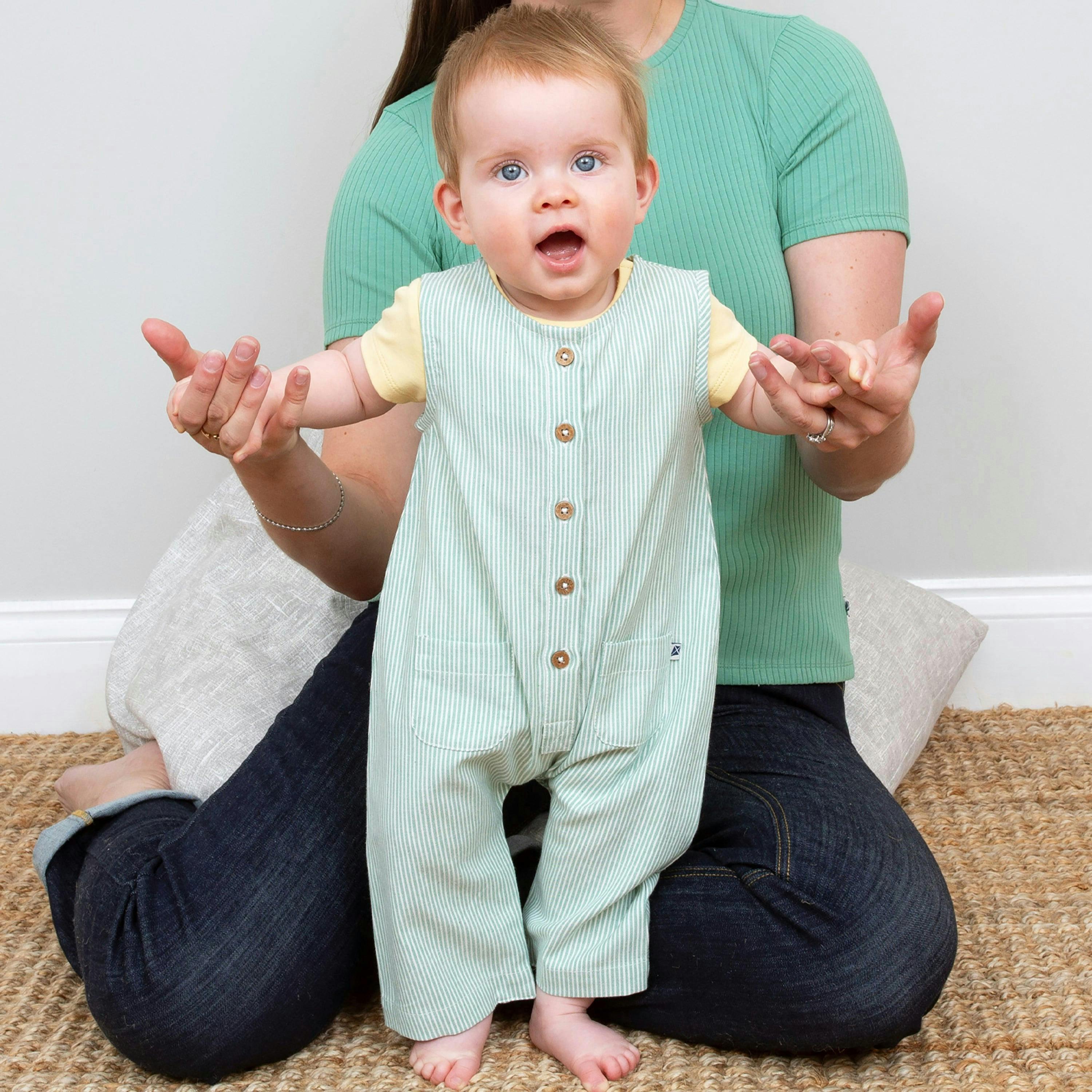 Baby Organic Ticking Dungarees , view 2 of 3
