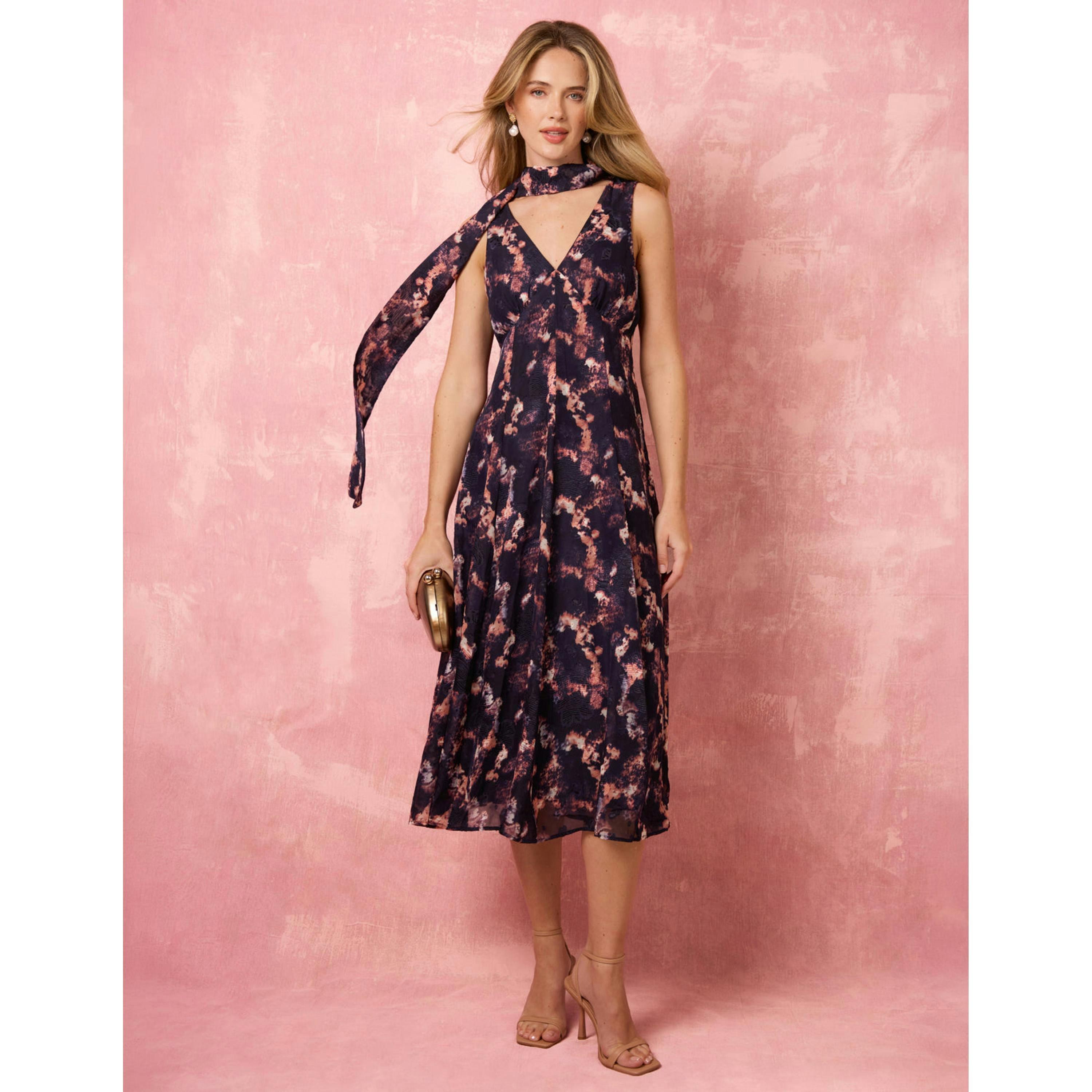 Blue Vanilla Luxe Tie V Neck Sleeveless Dress  in Navy , view 1 of 6