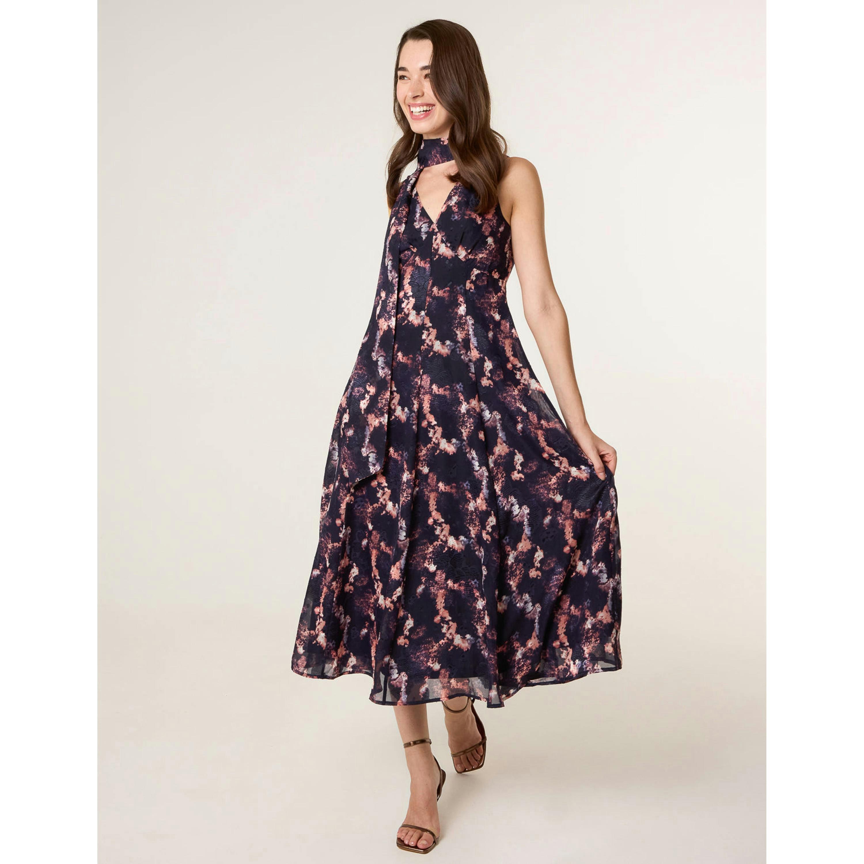 Blue Vanilla Luxe Tie V Neck Sleeveless Dress  in Navy , view 3 of 6