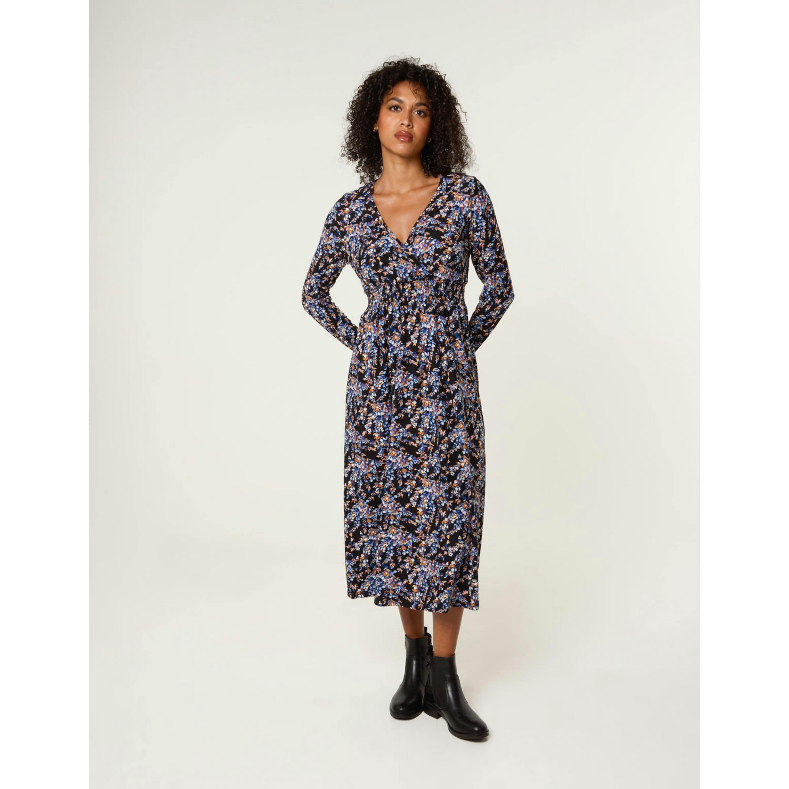 Blue Vanilla Floral V Neck Wrap Long Sleeve Midi Dress  in Black , view 1 of 4