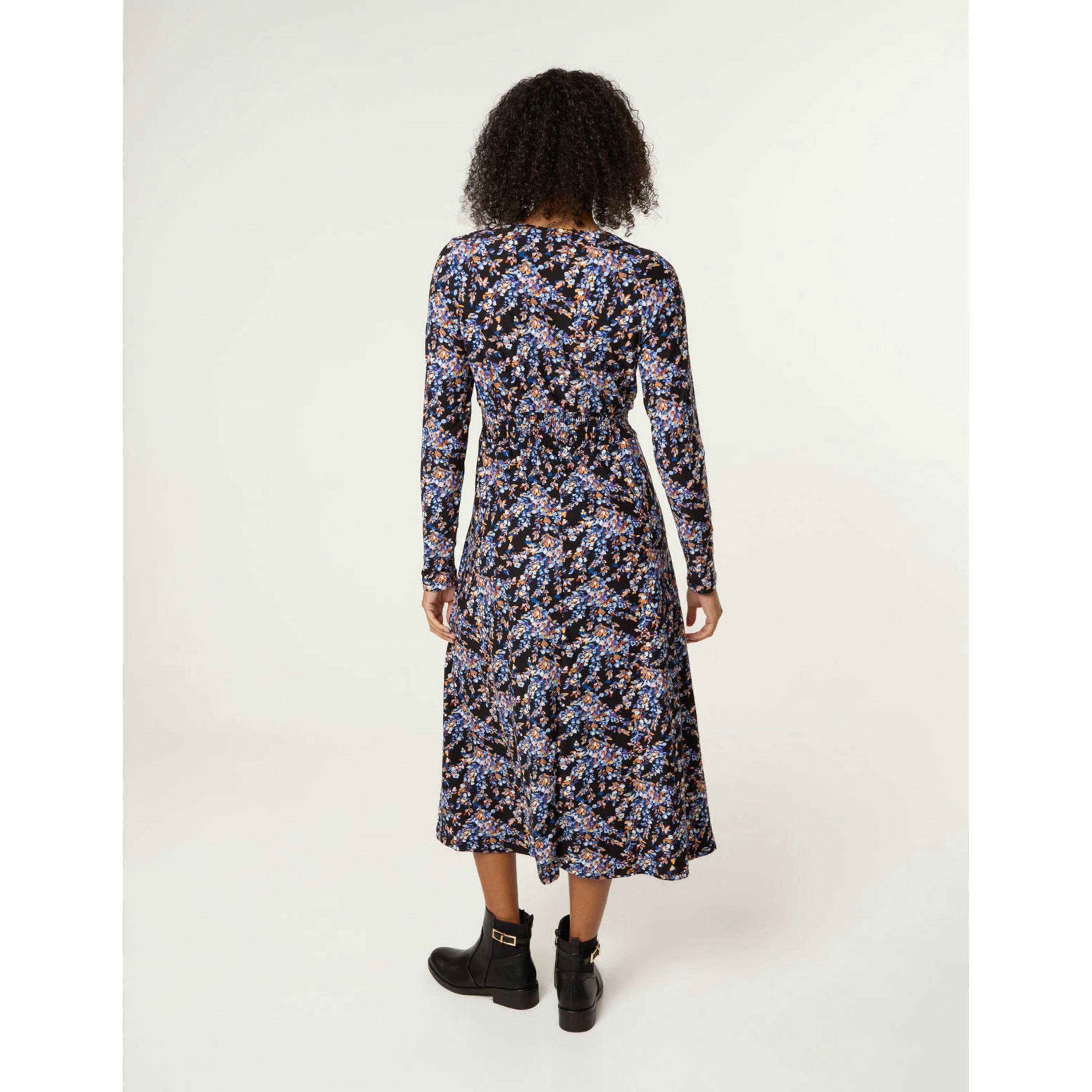 Blue Vanilla Floral V Neck Wrap Long Sleeve Midi Dress  in Black , view 2 of 4