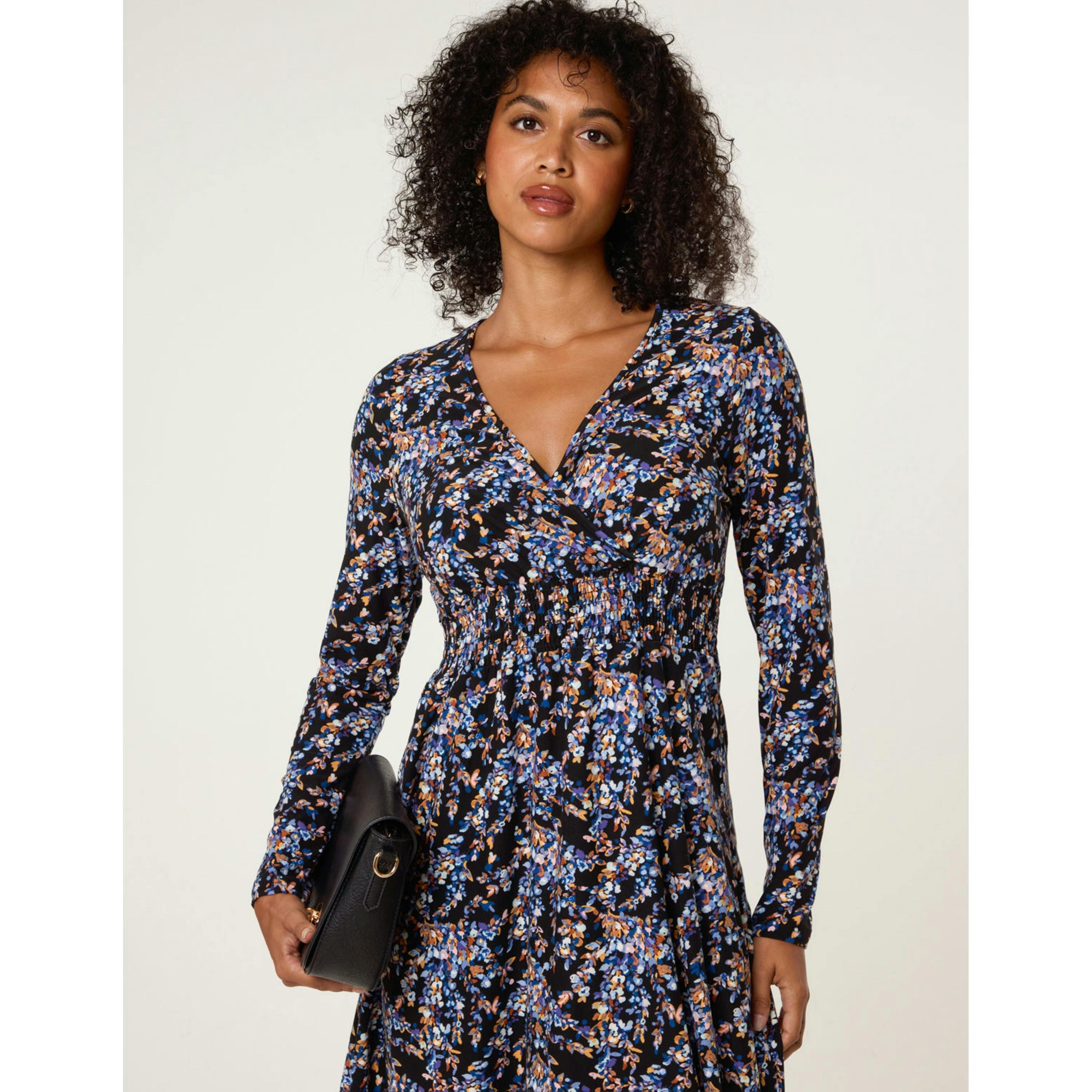 Blue Vanilla Floral V Neck Wrap Long Sleeve Midi Dress  in Black , view 3 of 4