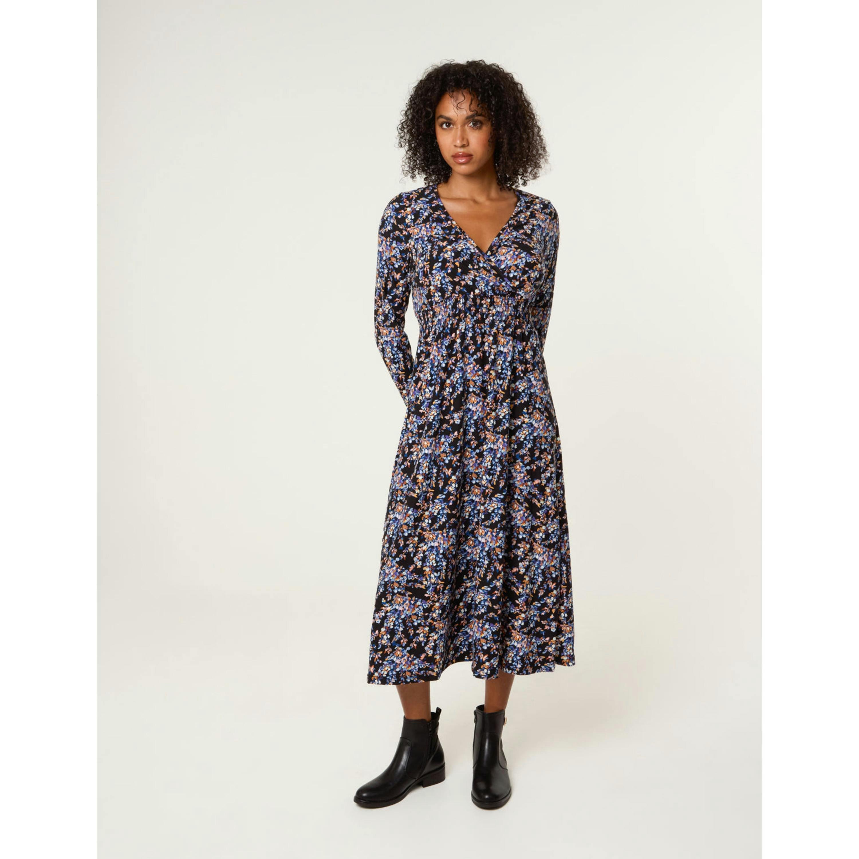 Blue Vanilla Floral V Neck Wrap Long Sleeve Midi Dress  in Black , view 4 of 4