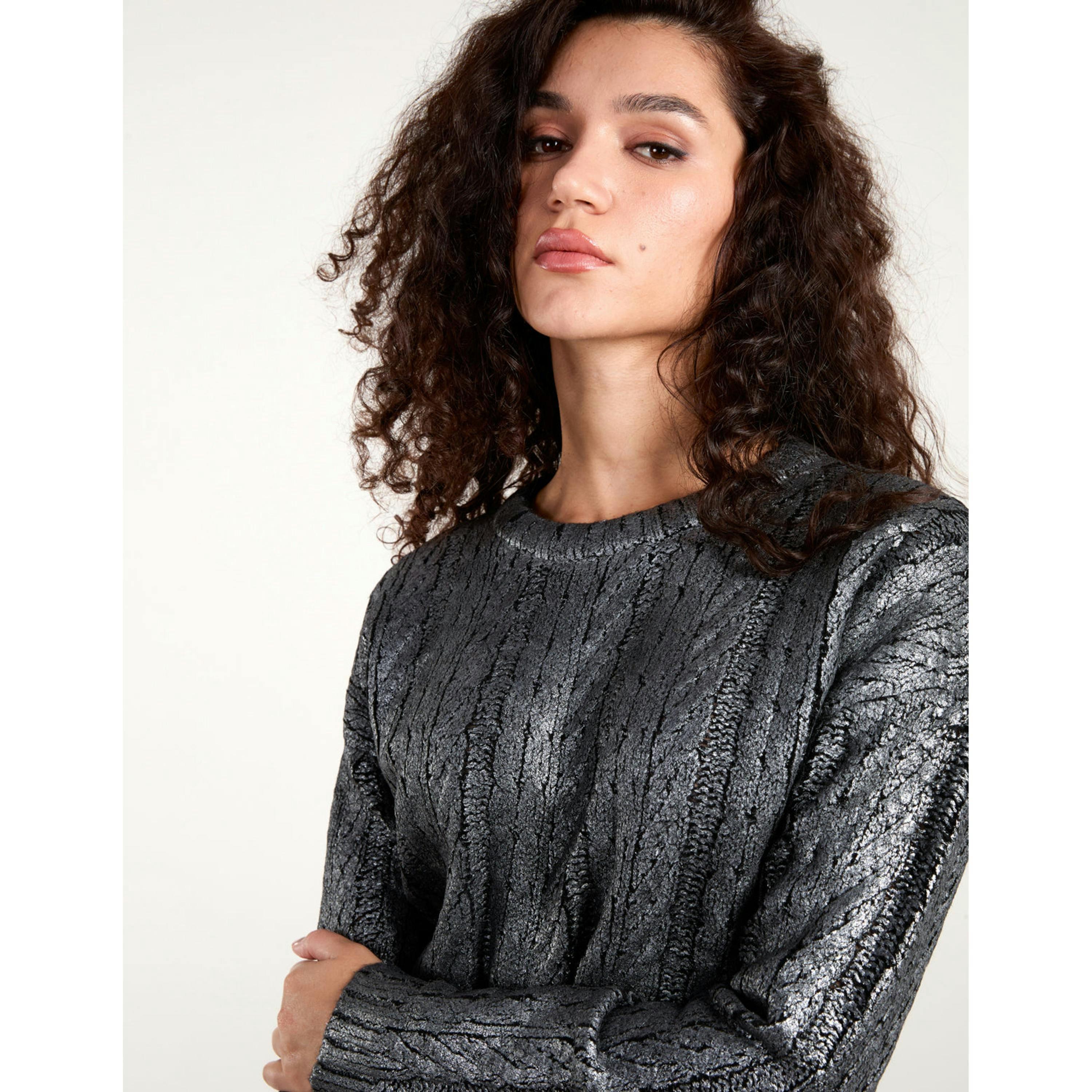 Blue Vanilla Metallic Printed Cable Jumper  in Black , view 2 of 4
