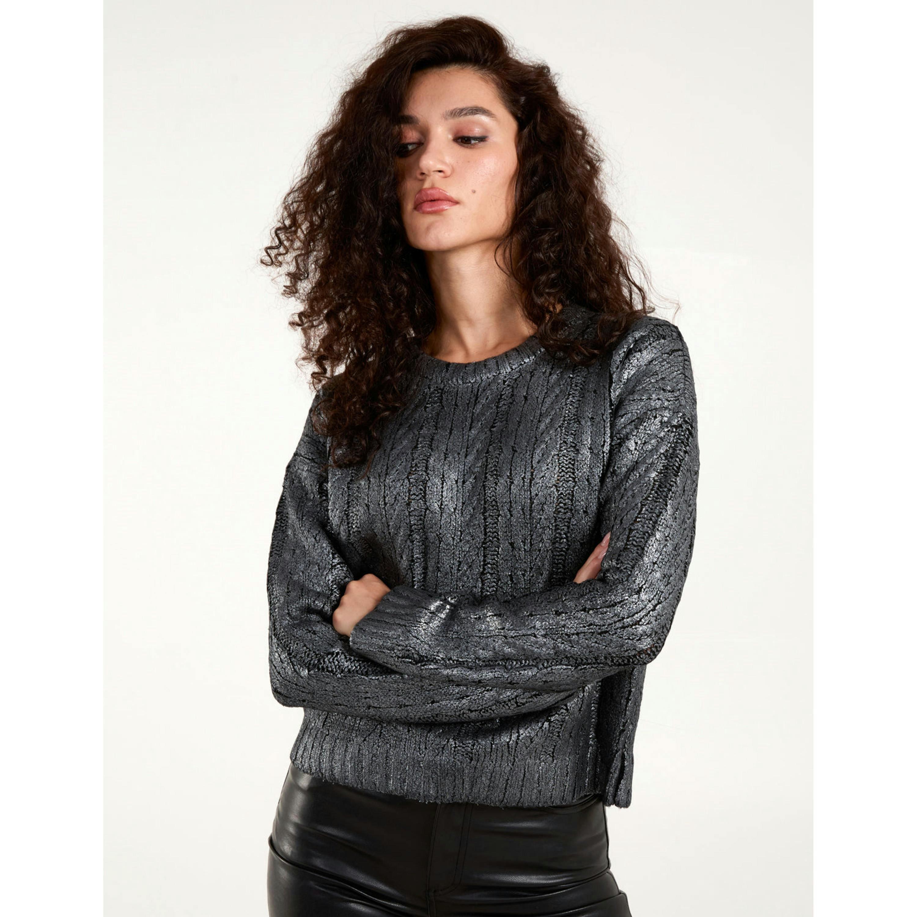Blue Vanilla Metallic Printed Cable Jumper  in Black , view 3 of 4