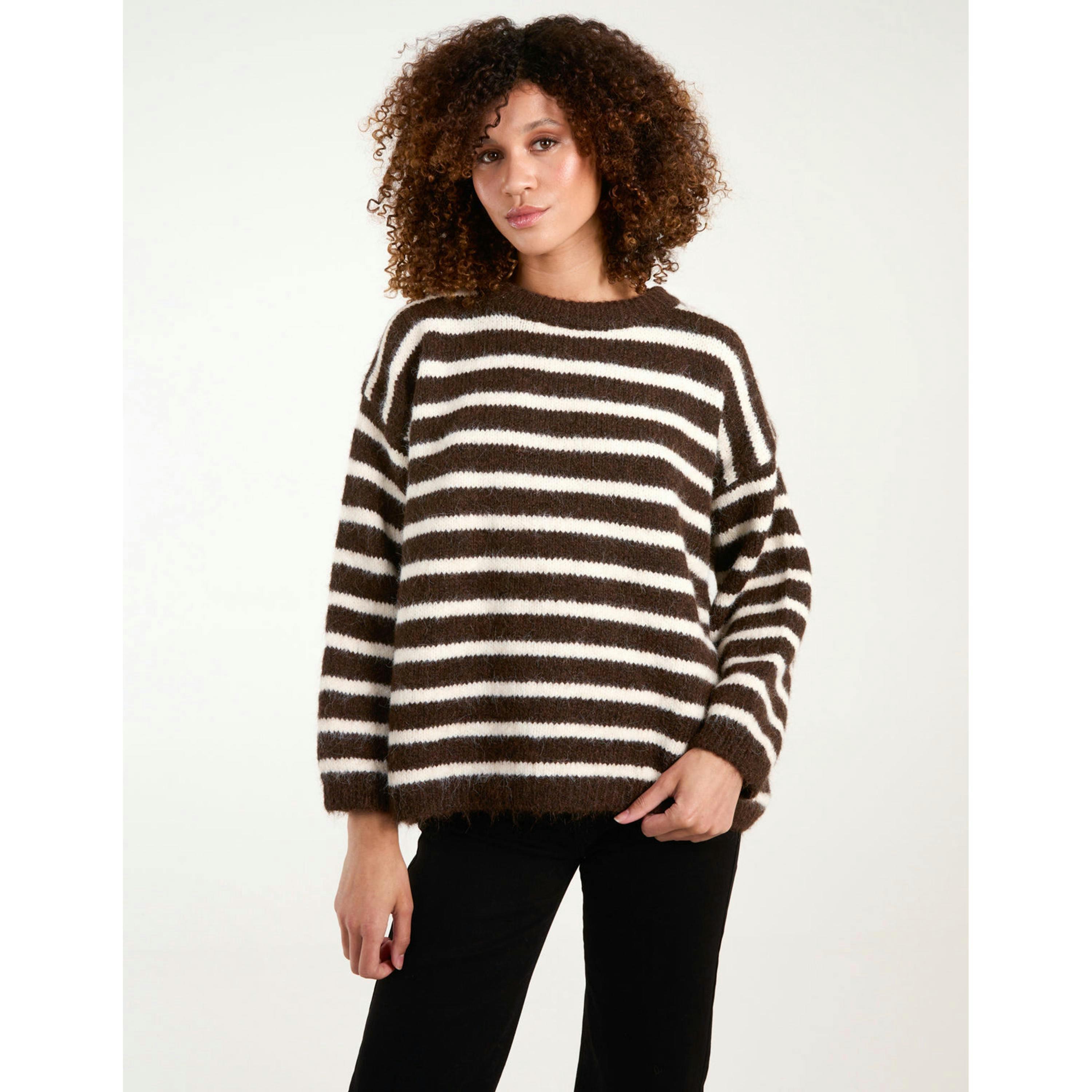 Blue Vanilla Soft Knit Round Neck Stripe Jumper  in Brown , view 1 of 5