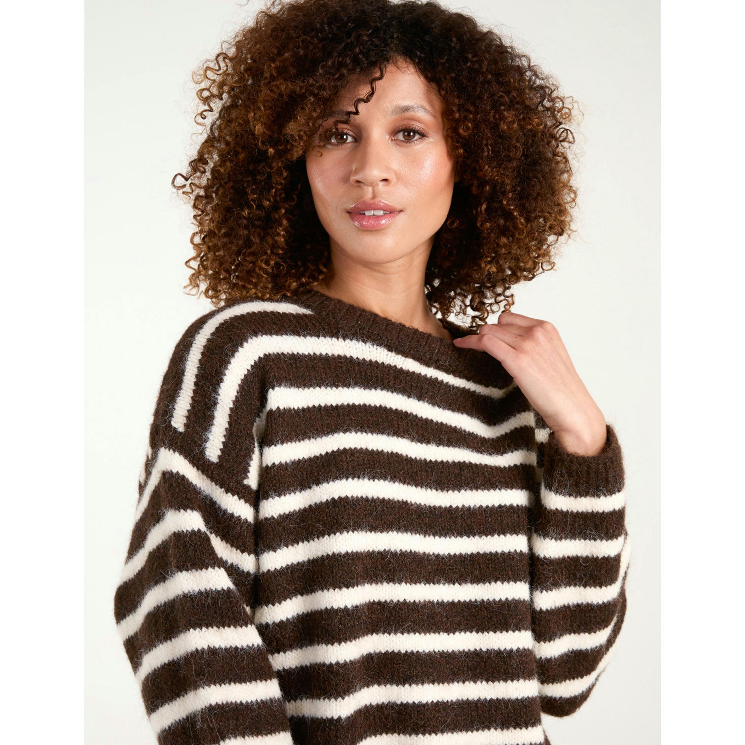 Blue Vanilla Soft Knit Round Neck Stripe Jumper  in Brown , view 2 of 5