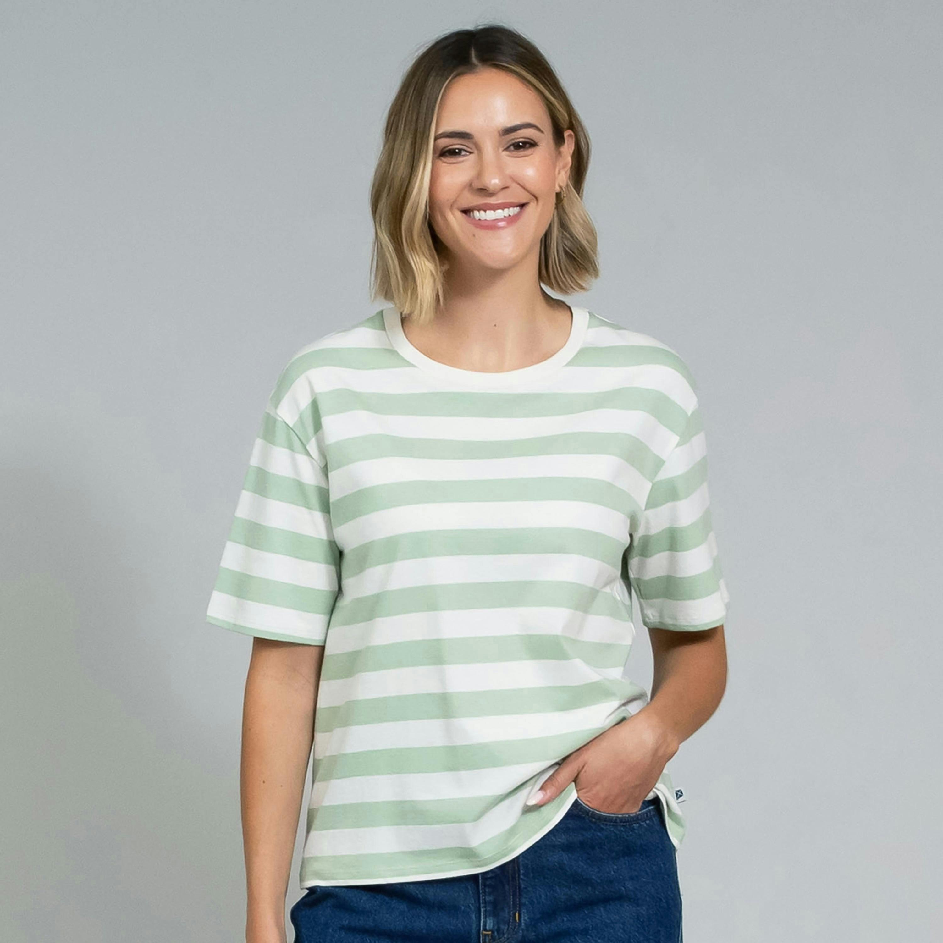 Oxbridge Organic Jersey T-Shirt Soft Sage Stripe , view 1 of 3