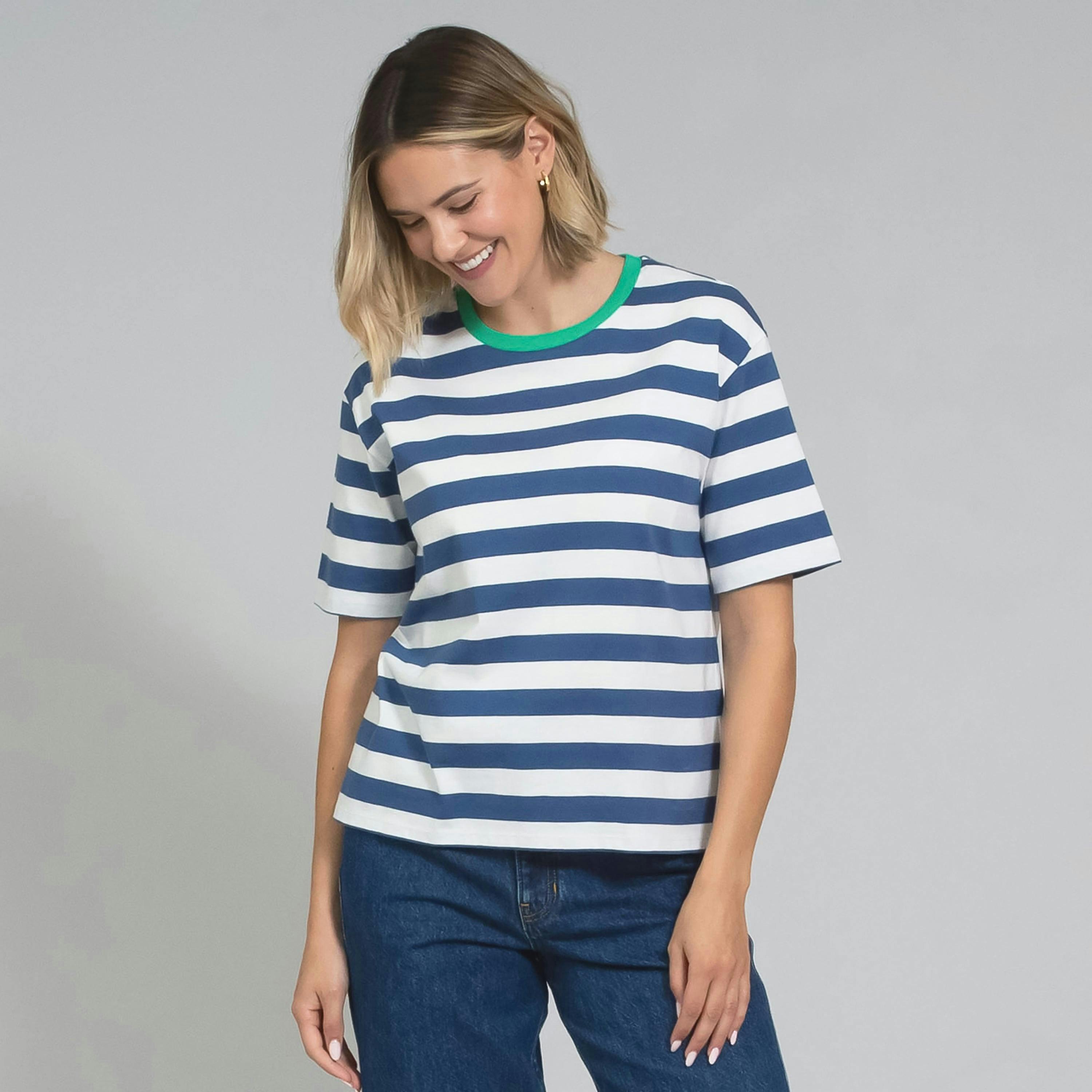 Oxbridge Organic Jersey T-Shirt Navy Stripe , view 1 of 3