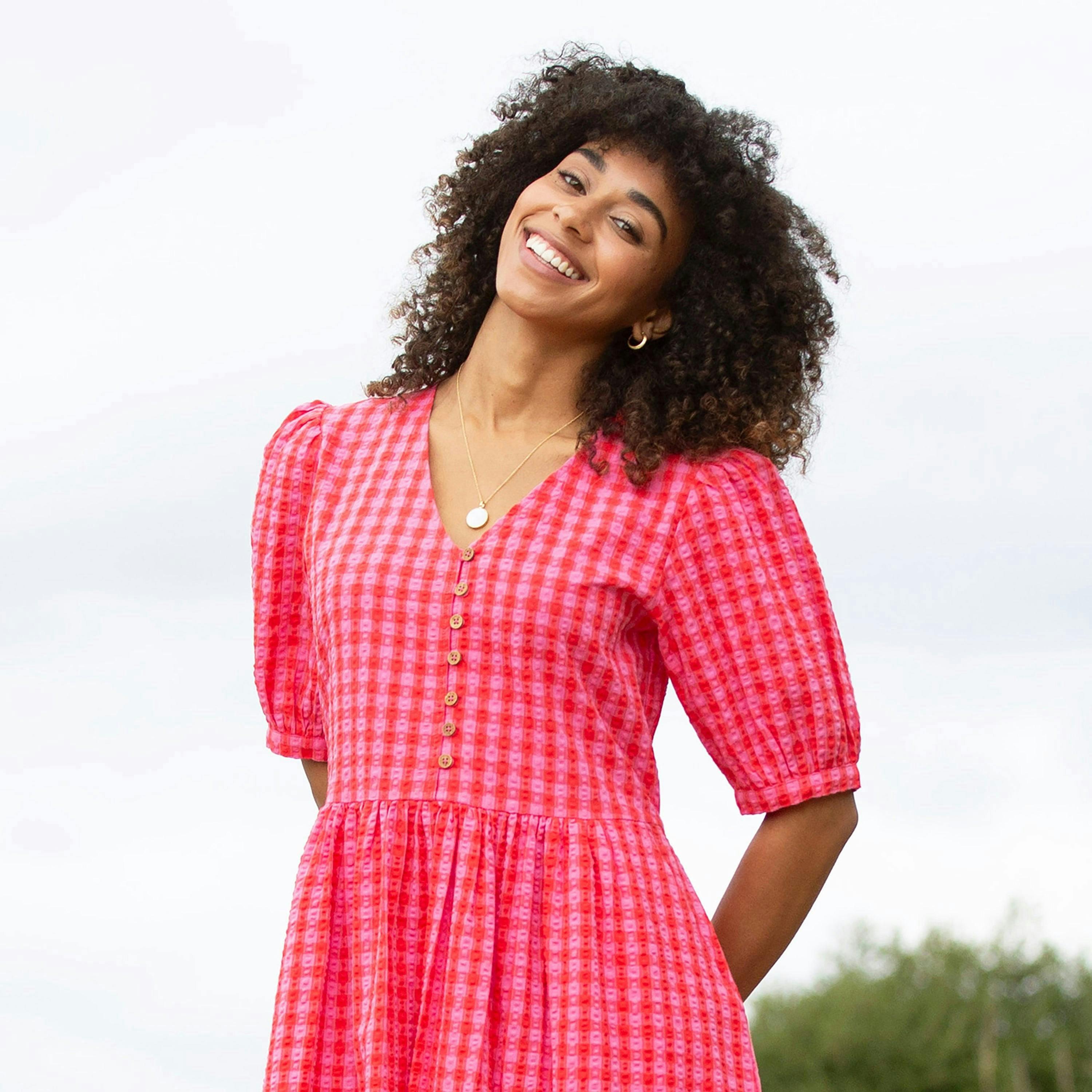 Organic Worgret Seersucker Dress Gingham , view 3 of 5
