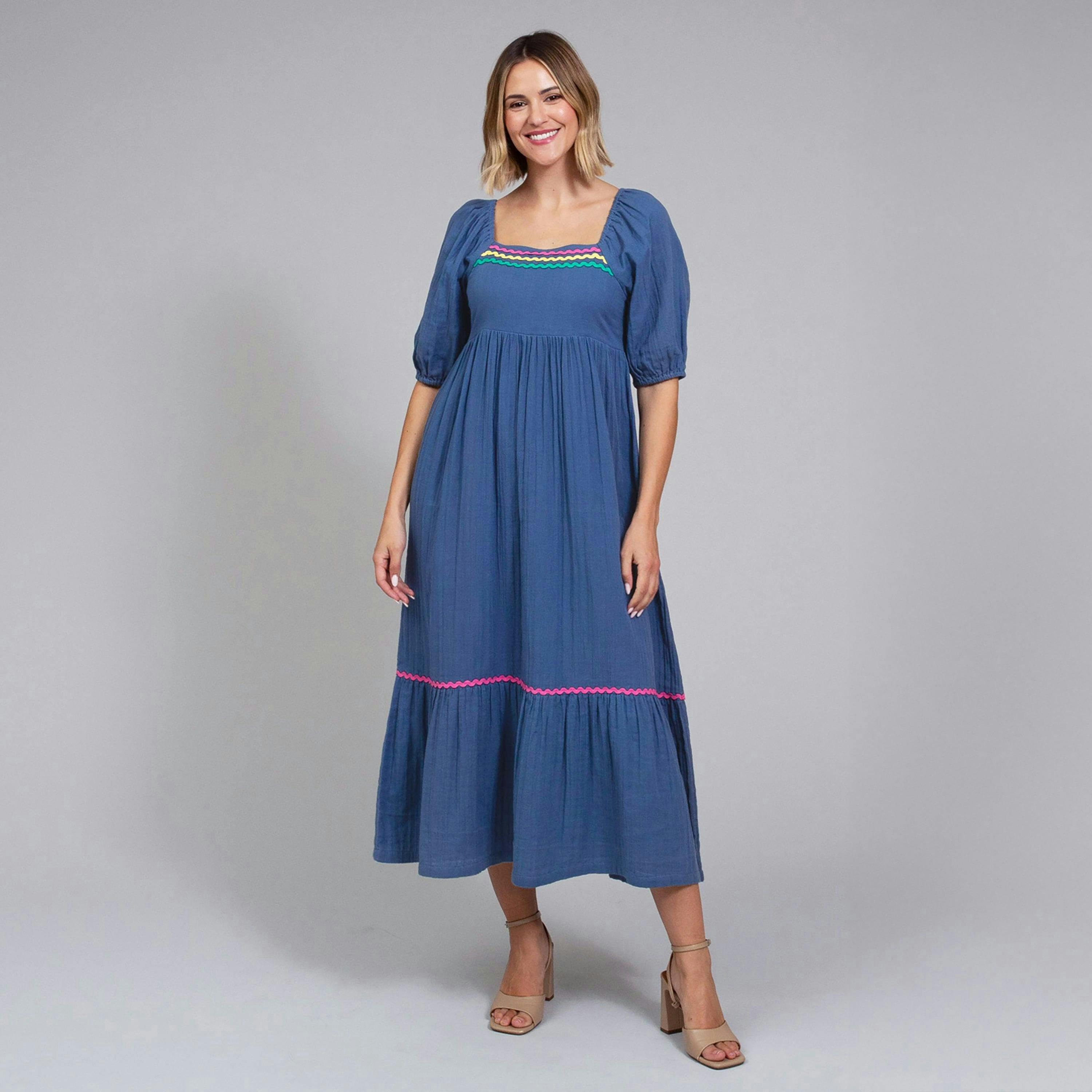 Organic Cattistock Ric Rac Muslin Dress Navy , view 1 of 3