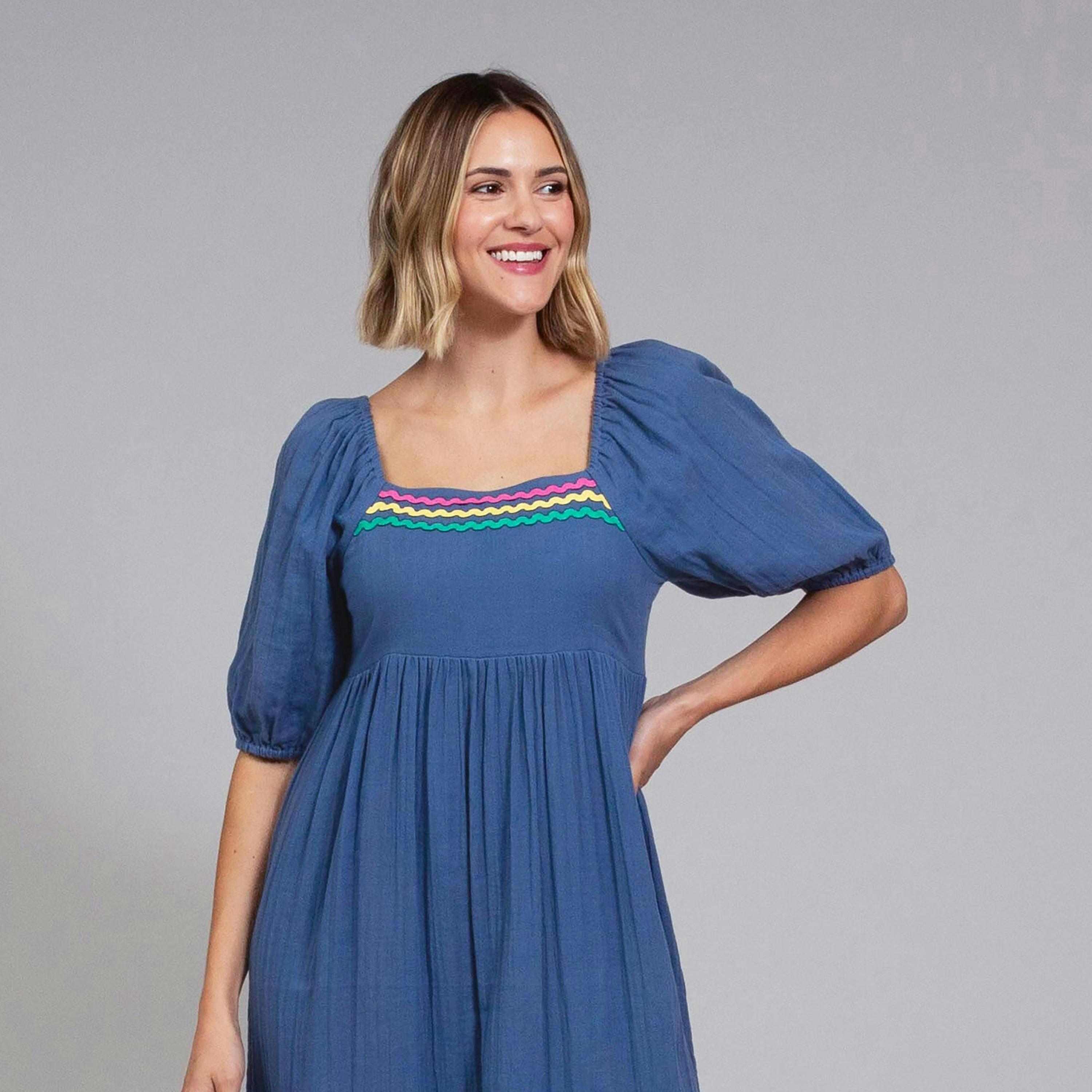 Organic Cattistock Ric Rac Muslin Dress Navy , view 3 of 5