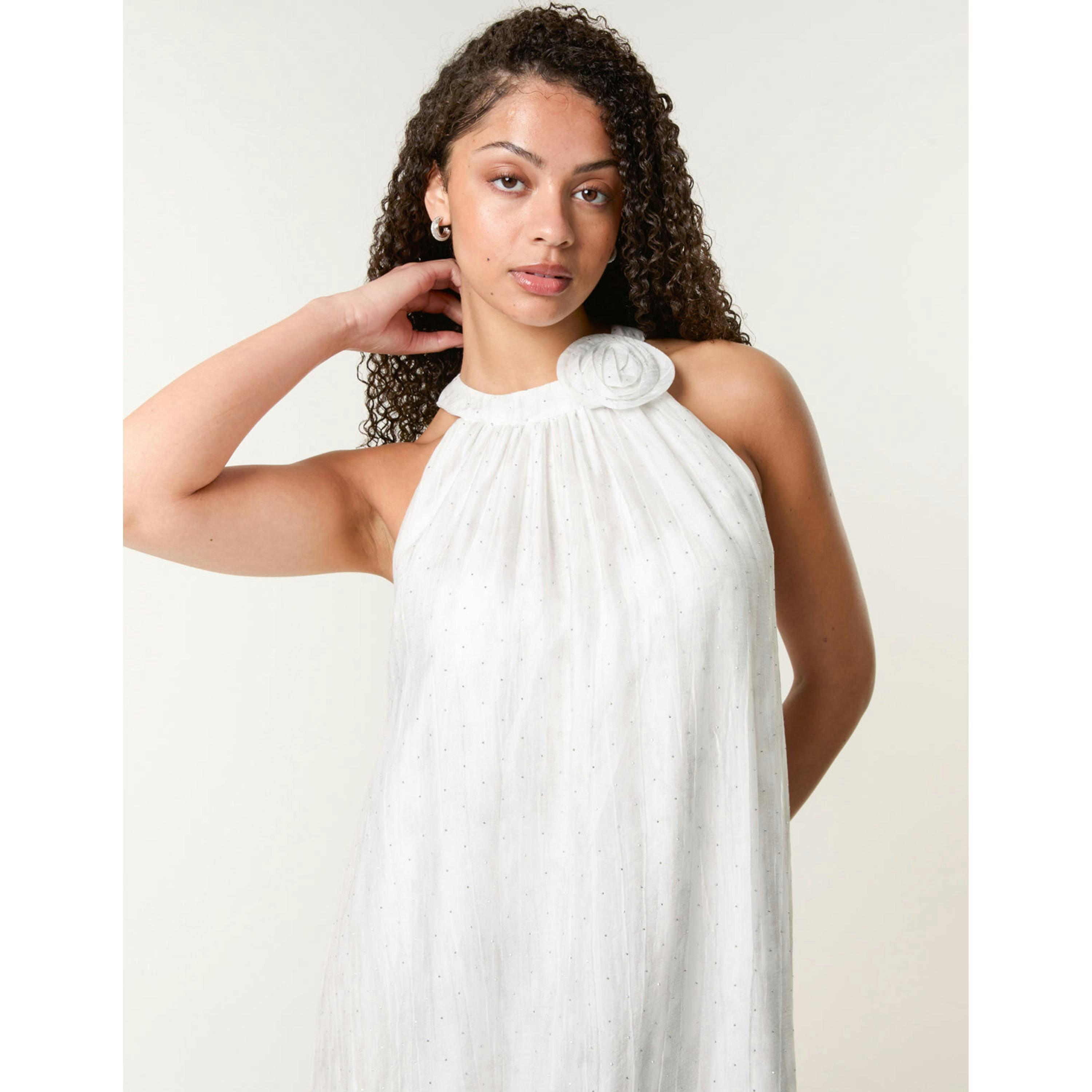 Blue Vanilla Luxe Rose Detail Halter Neck Dress  in Ivory , view 2 of 5