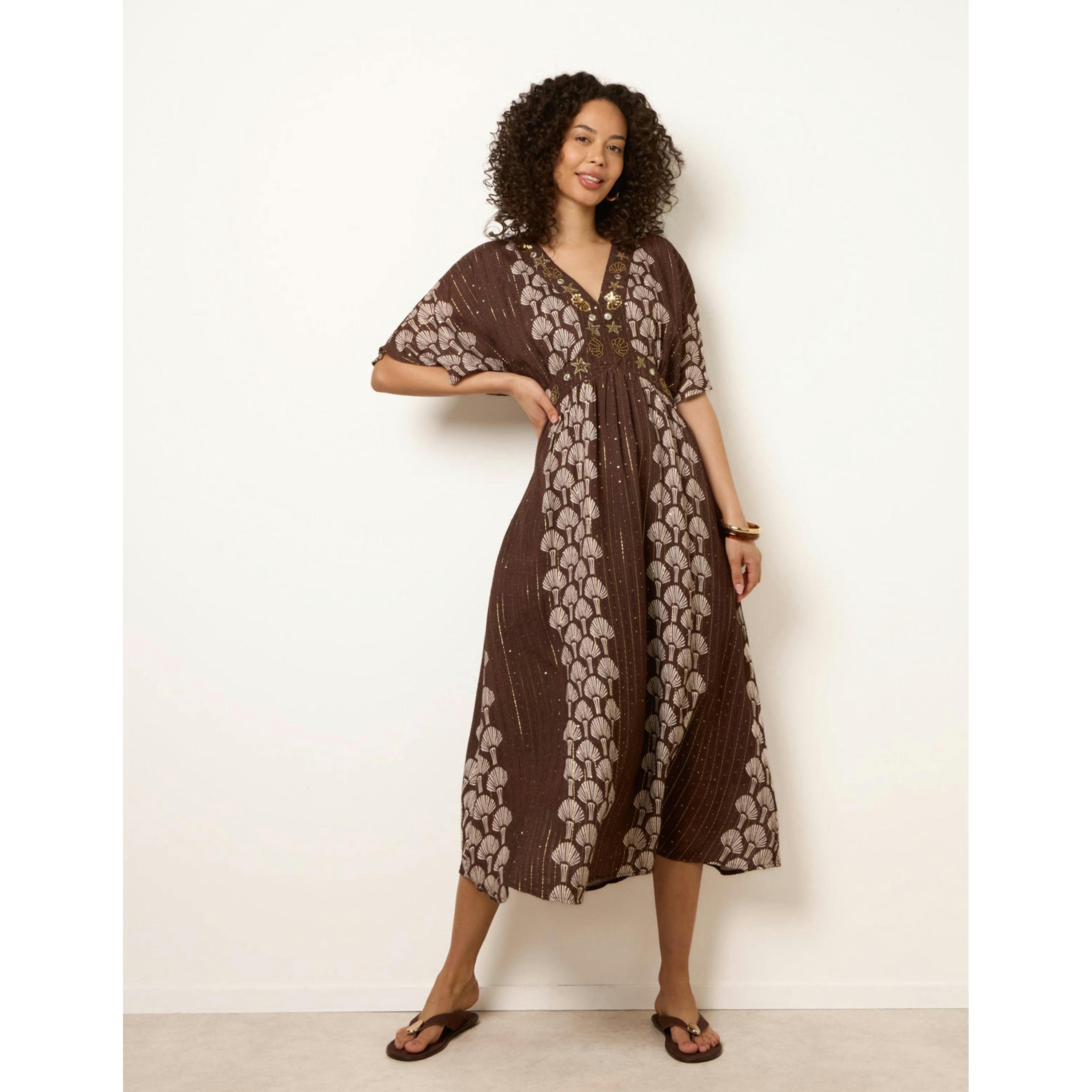 Blue Vanilla Shell Embroidered Midi Dress  in Brown , view 1 of 4