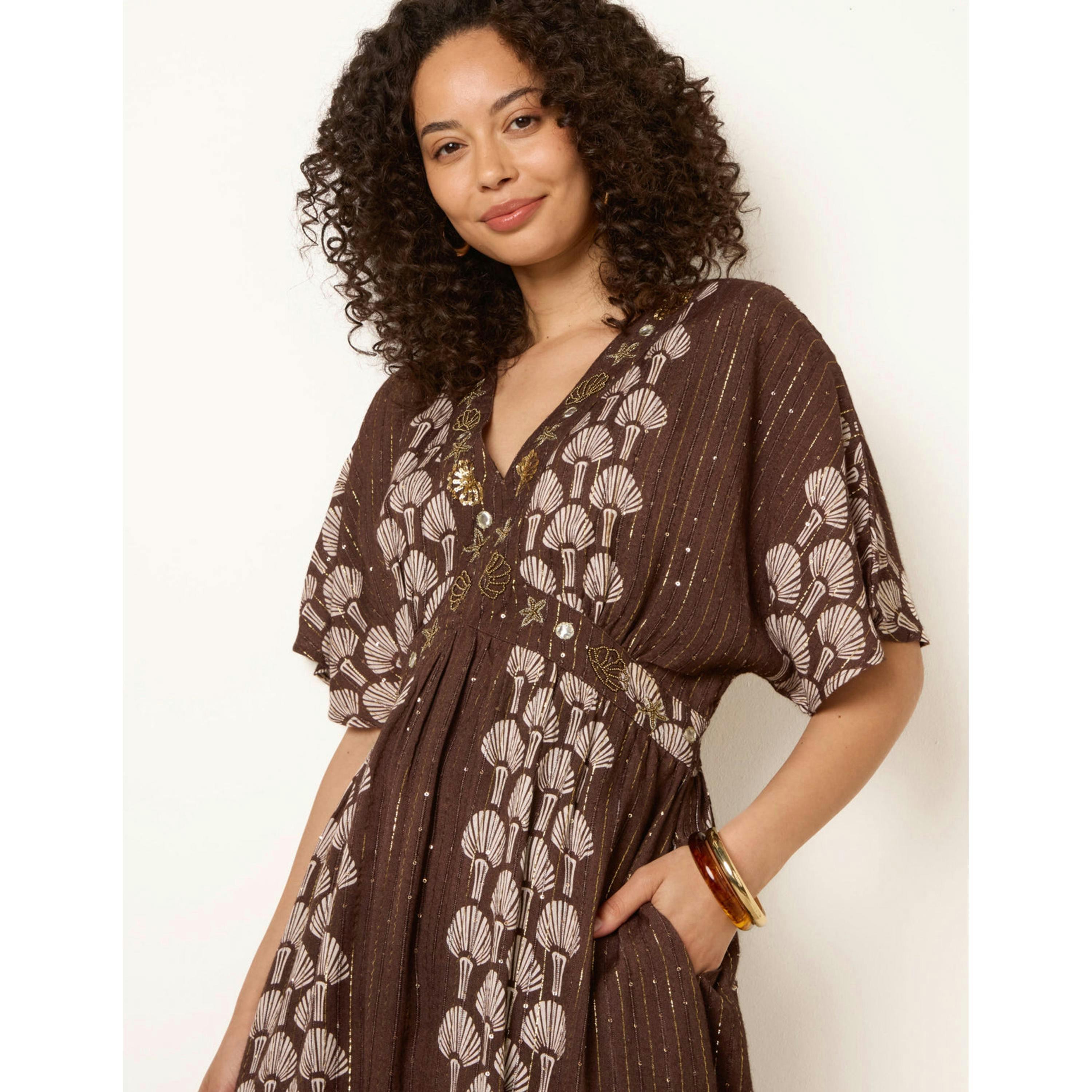 Blue Vanilla Shell Embroidered Midi Dress  in Brown , view 3 of 4