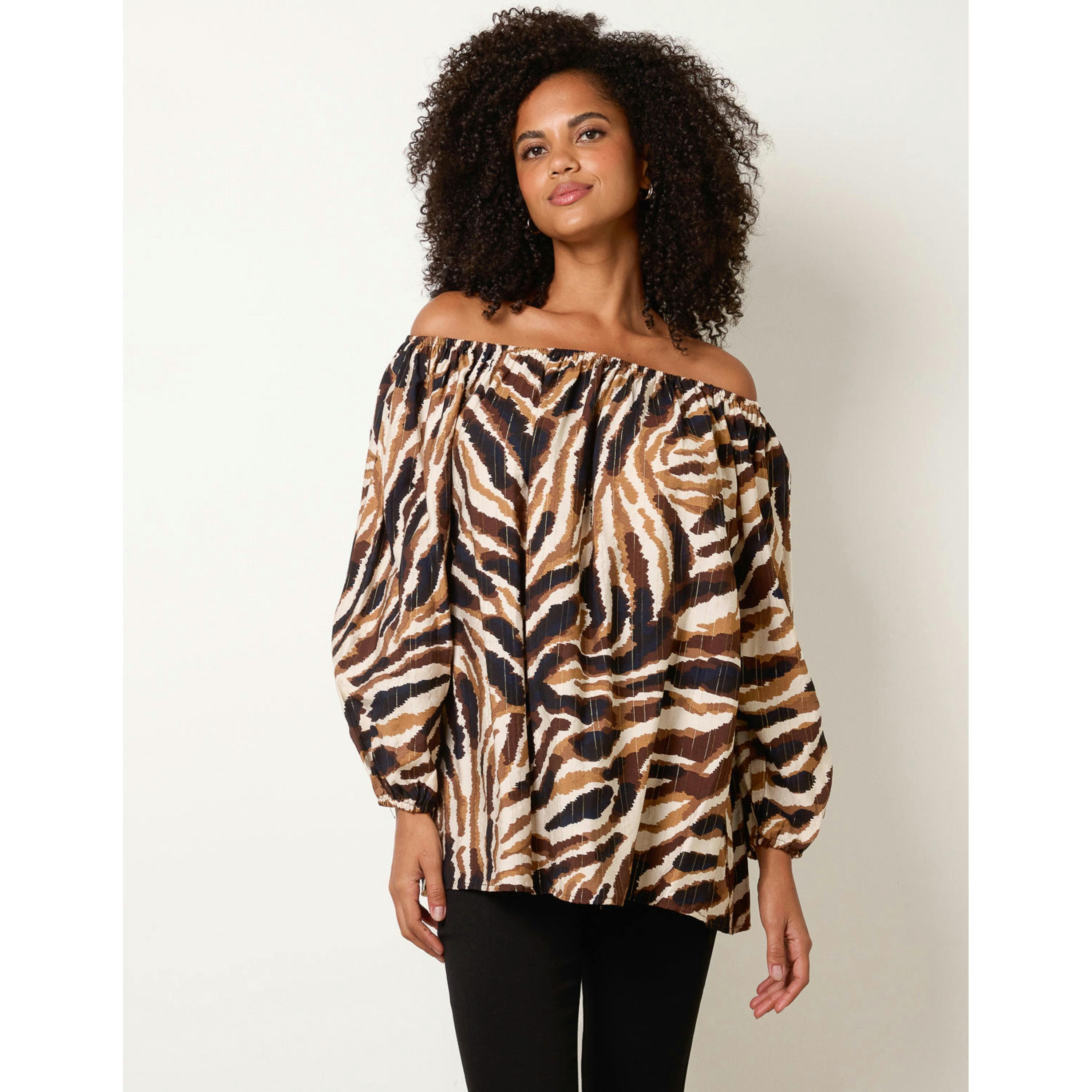 Blue Vanilla Tiger Print Volume Sleeve Blouse  in Brown , view 1 of 4