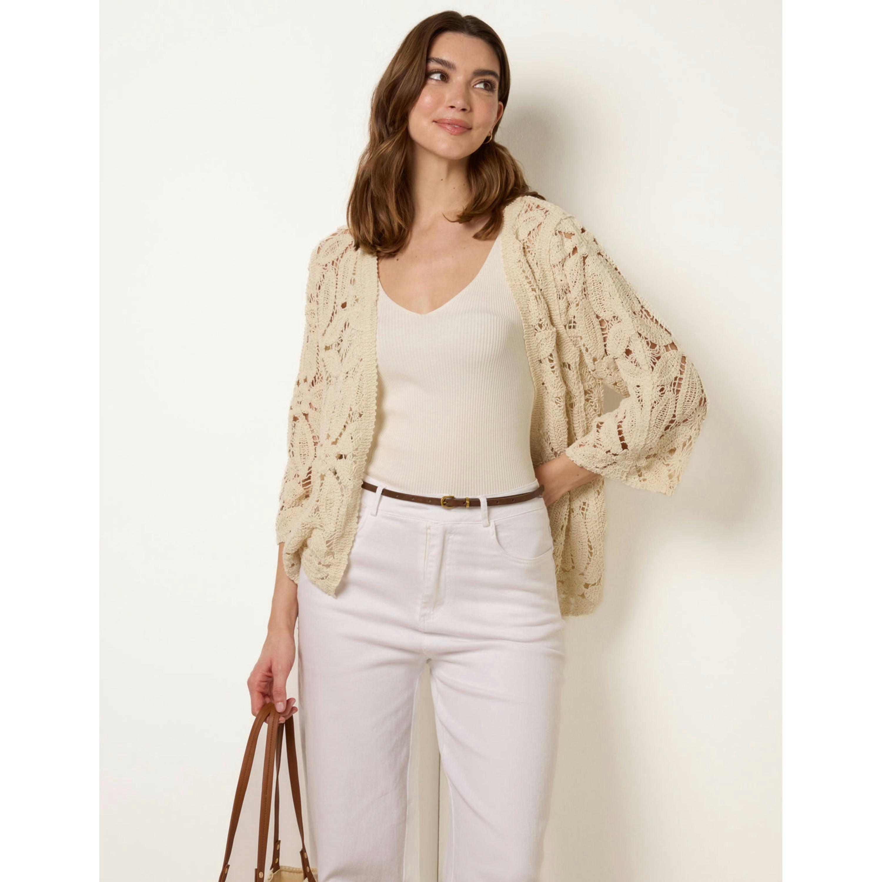 Blue Vanilla Crochet Tie Front Cardigan  in Stone , view 1 of 4