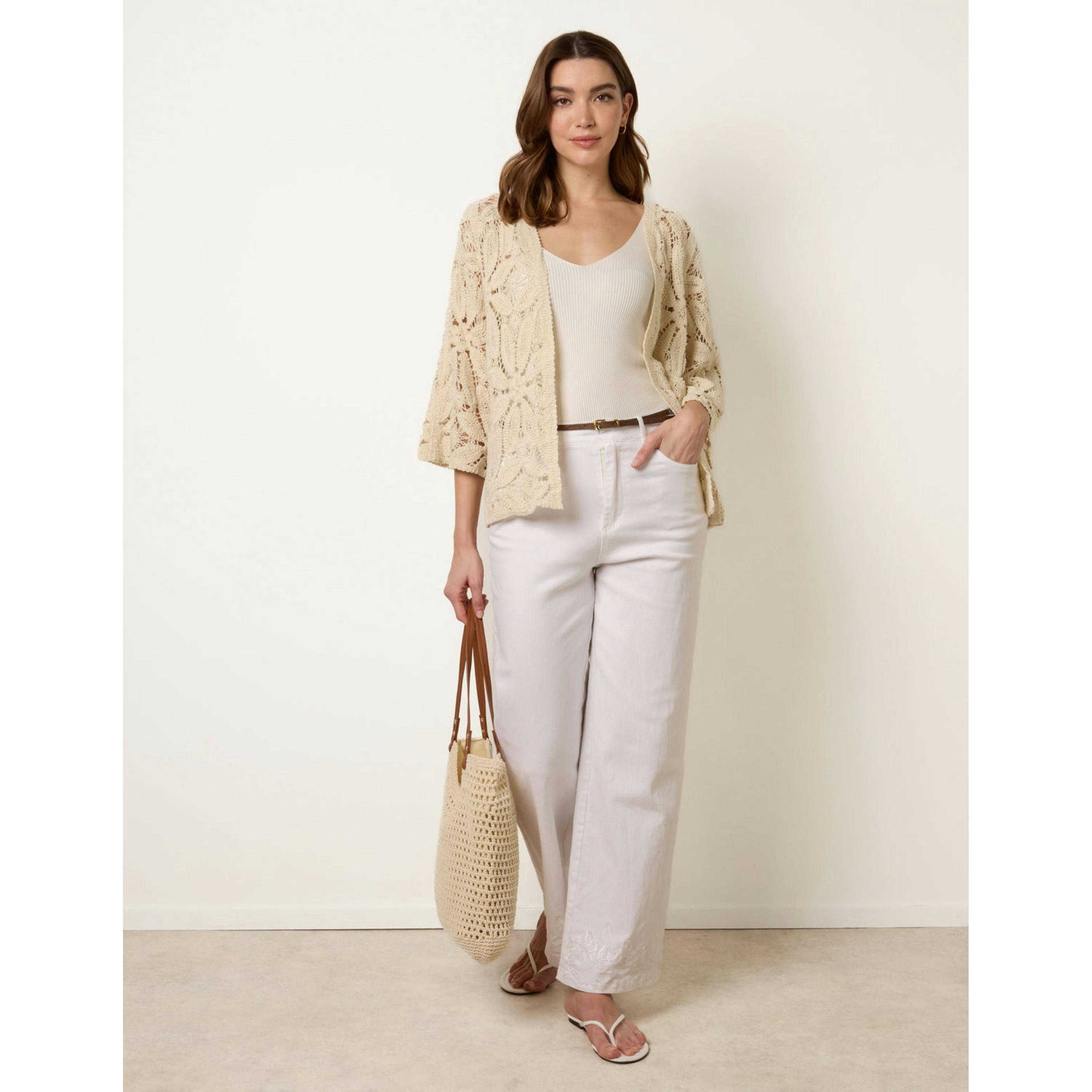 Blue Vanilla Crochet Tie Front Cardigan  in Stone , view 2 of 4
