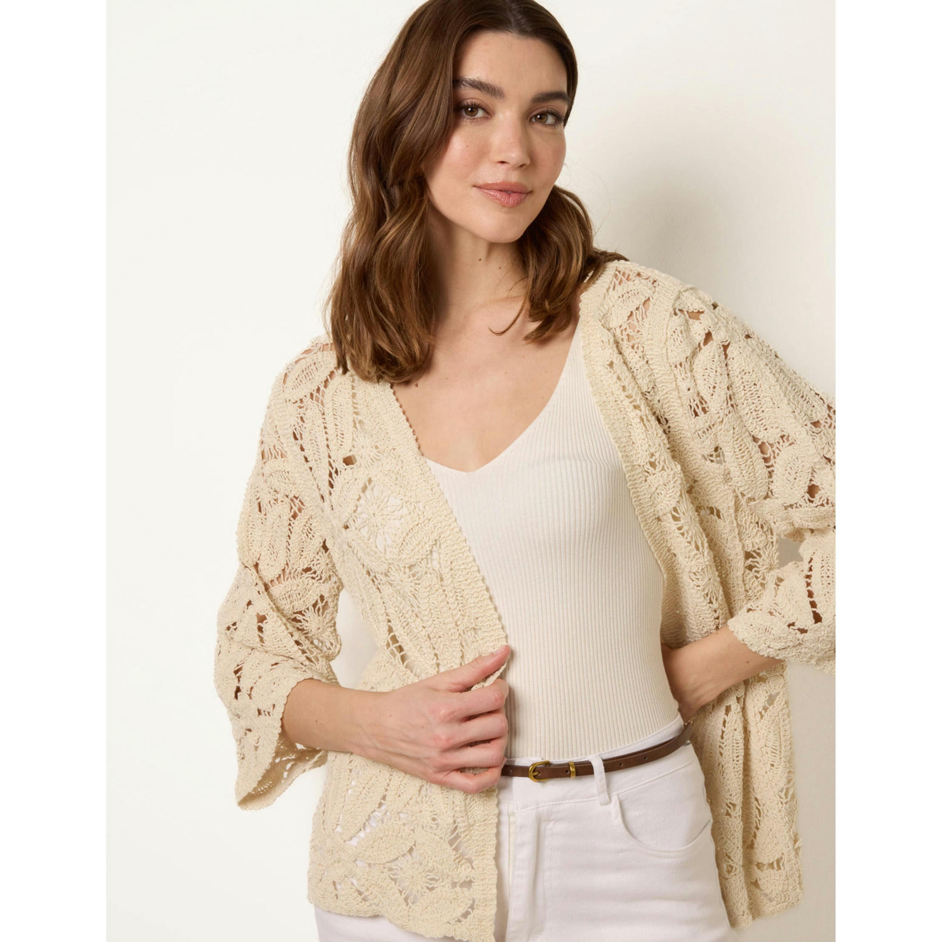 Blue Vanilla Crochet Tie Front Cardigan  in Stone , view 3 of 4