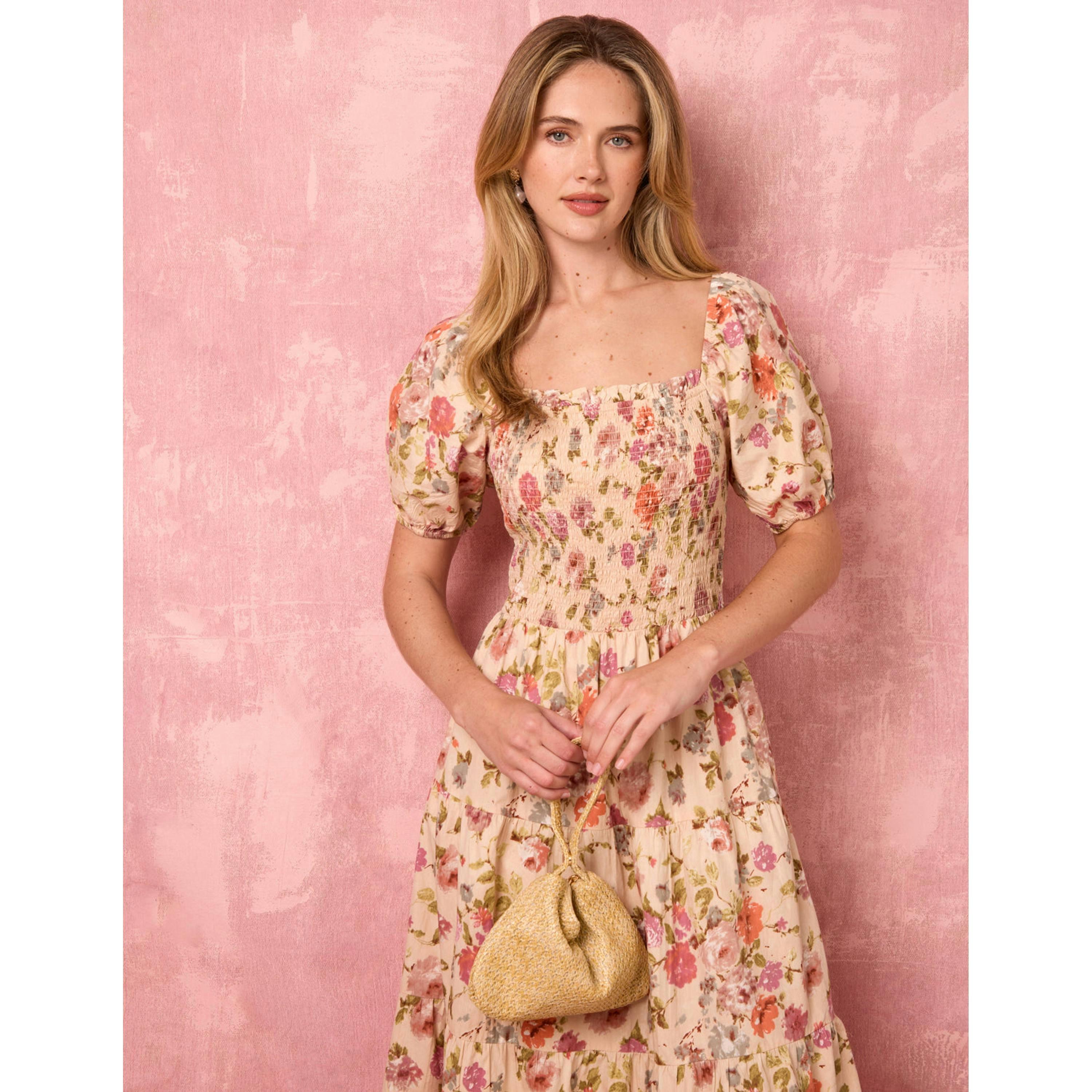 Blue Vanilla Milkmaid Floral Puff Sleeve Shirred Midi Dress  in Multicolour , view 1 of 6