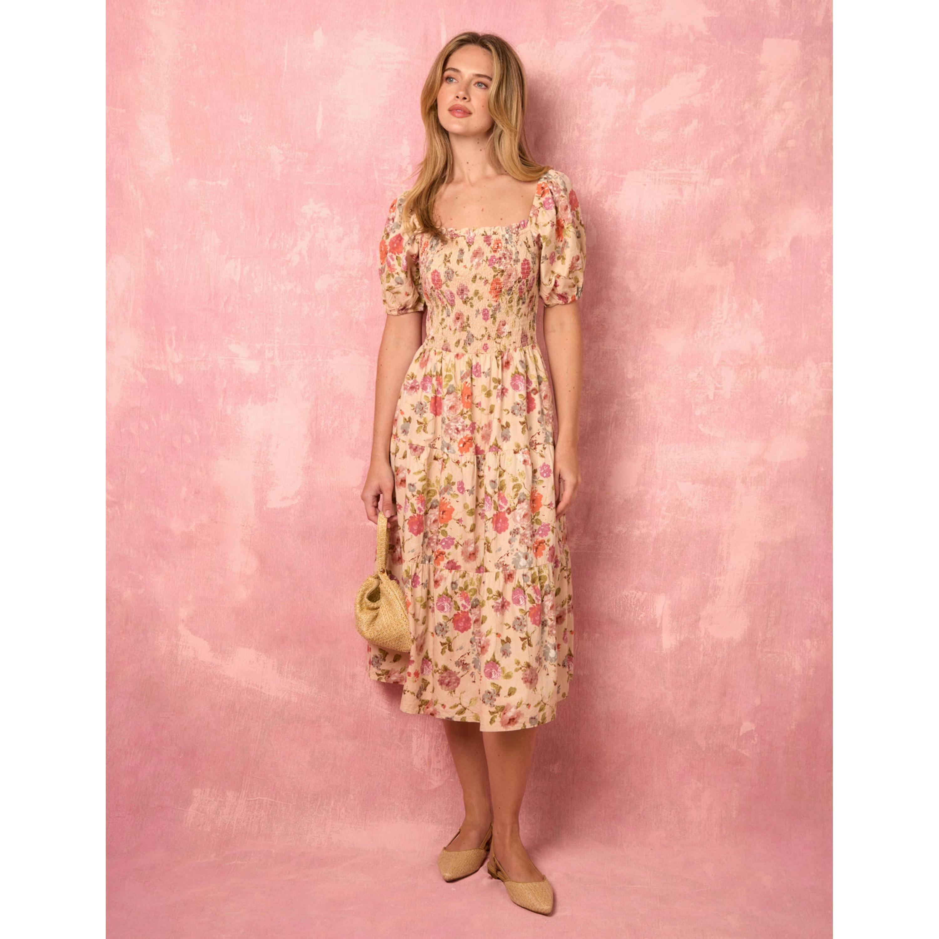 Blue Vanilla Milkmaid Floral Puff Sleeve Shirred Midi Dress  in Multicolour , view 2 of 6