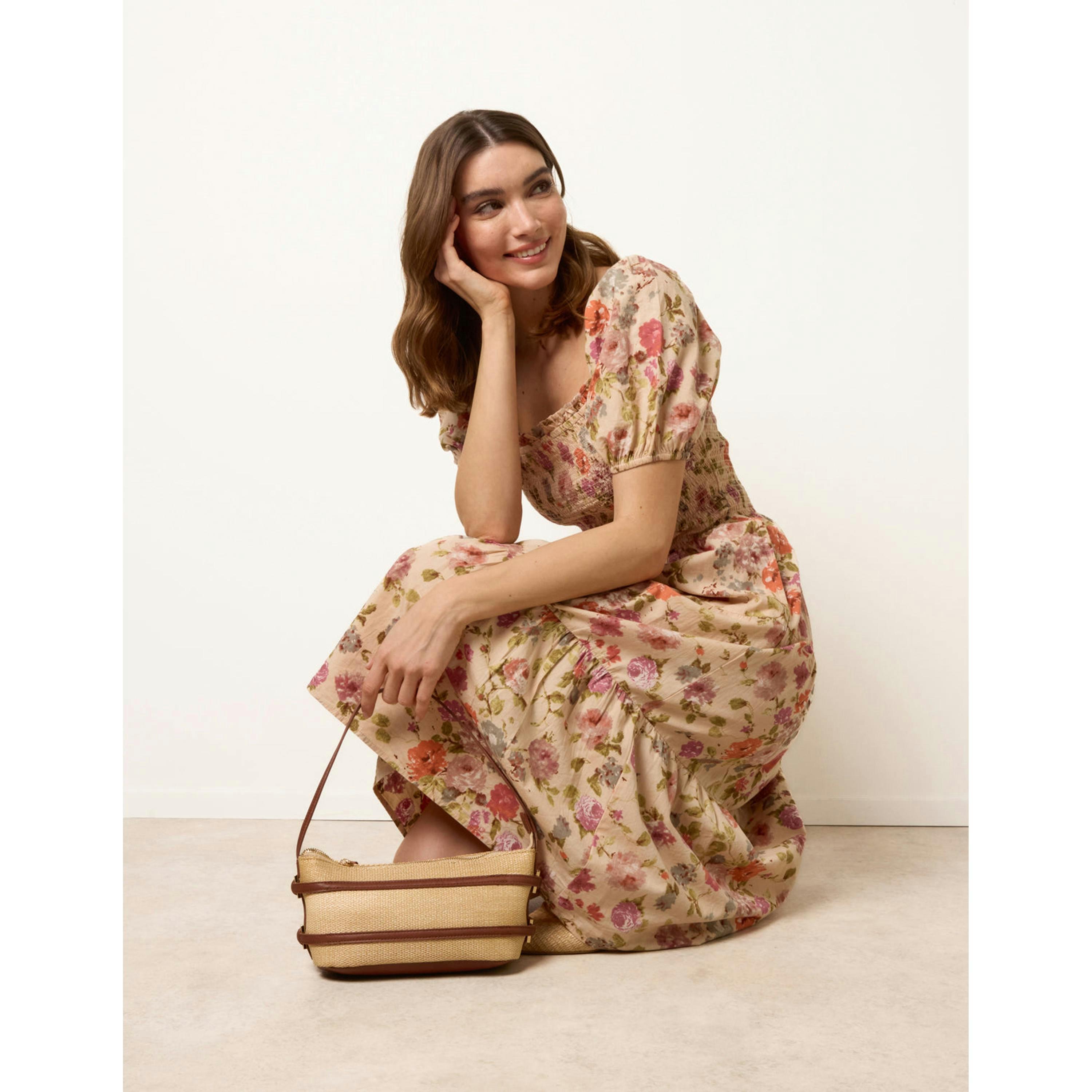 Blue Vanilla Milkmaid Floral Puff Sleeve Shirred Midi Dress  in Multicolour , view 3 of 6