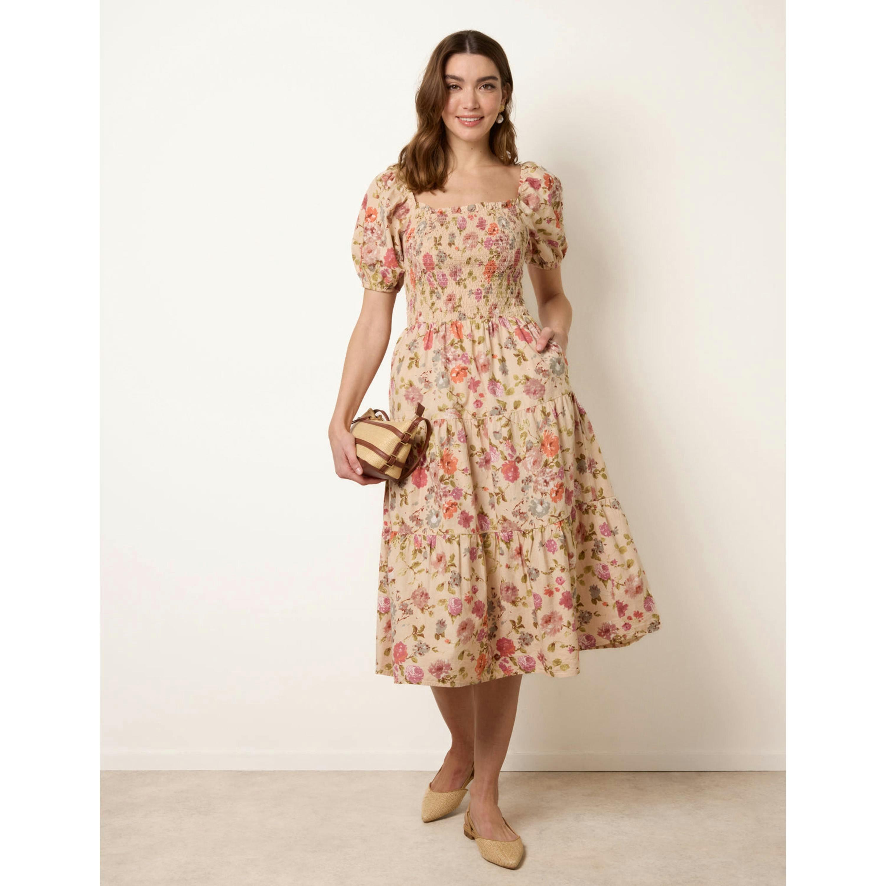 Blue Vanilla Milkmaid Floral Puff Sleeve Shirred Midi Dress  in Multicolour , view 4 of 6