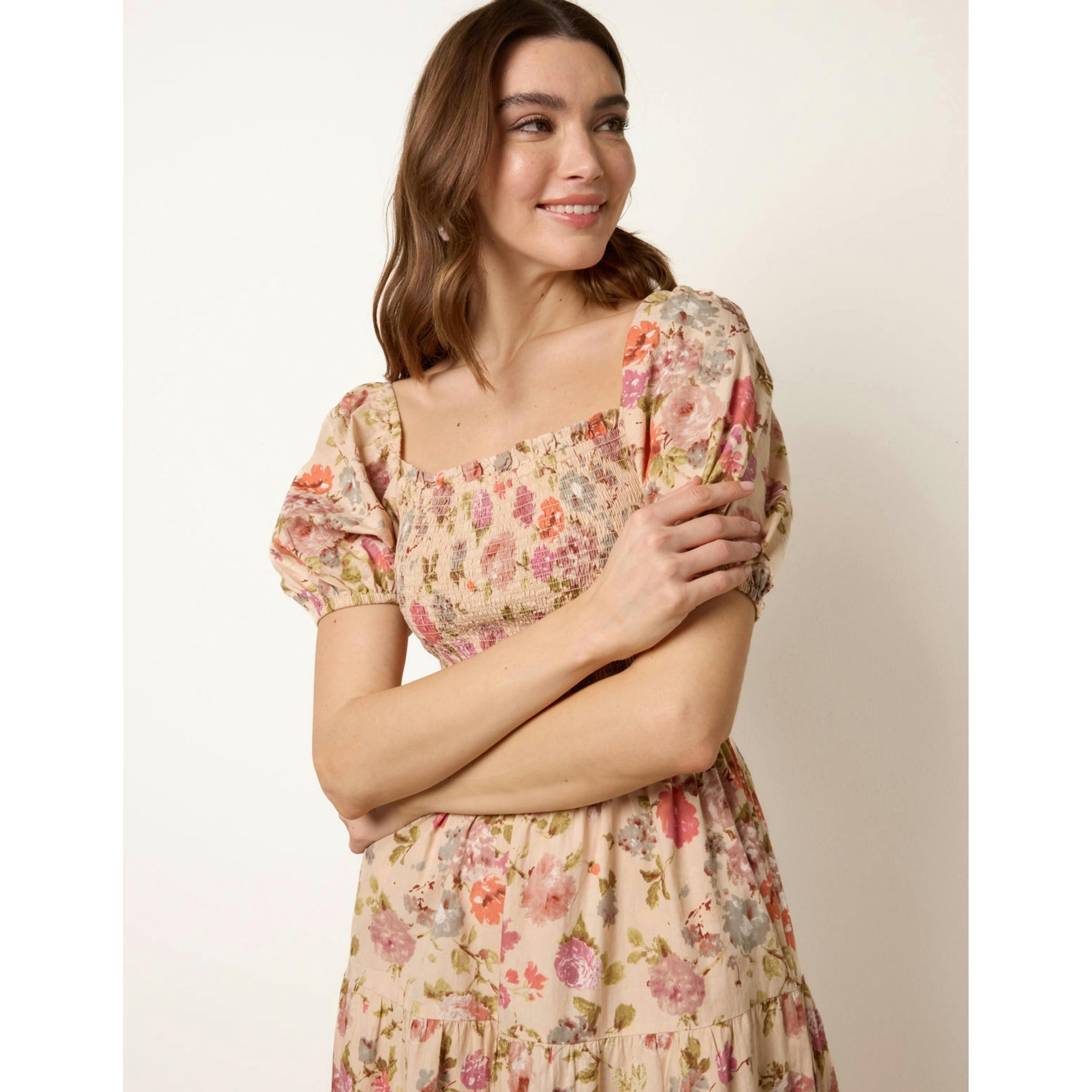 Blue Vanilla Milkmaid Floral Puff Sleeve Shirred Midi Dress  in Multicolour , view 5 of 6