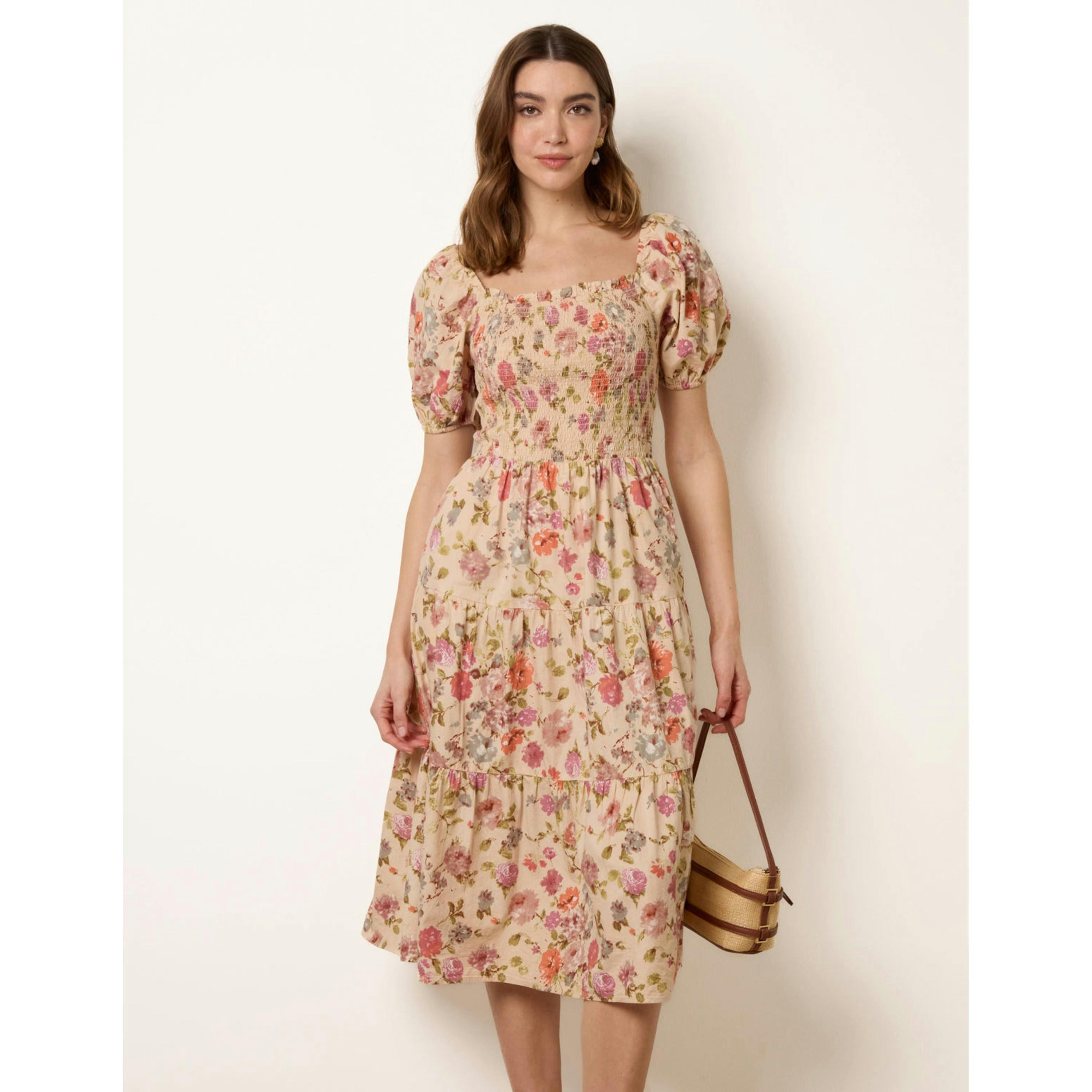 Blue Vanilla Milkmaid Floral Puff Sleeve Shirred Midi Dress  in Multicolour , view 6 of 6