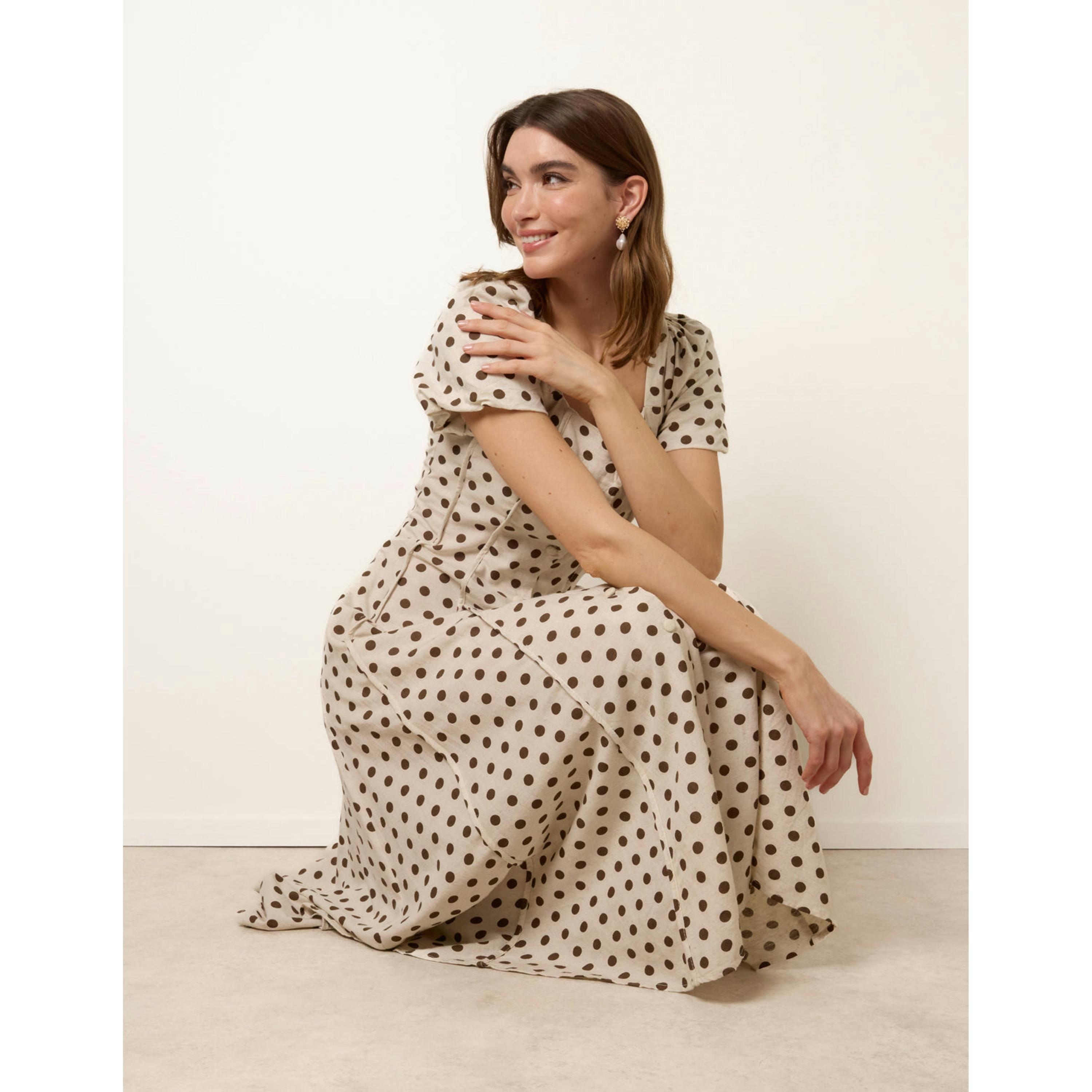 Blue Vanilla Milkmaid Polka Dot Puff Sleeve Dress  in Ivory , view 1 of 6