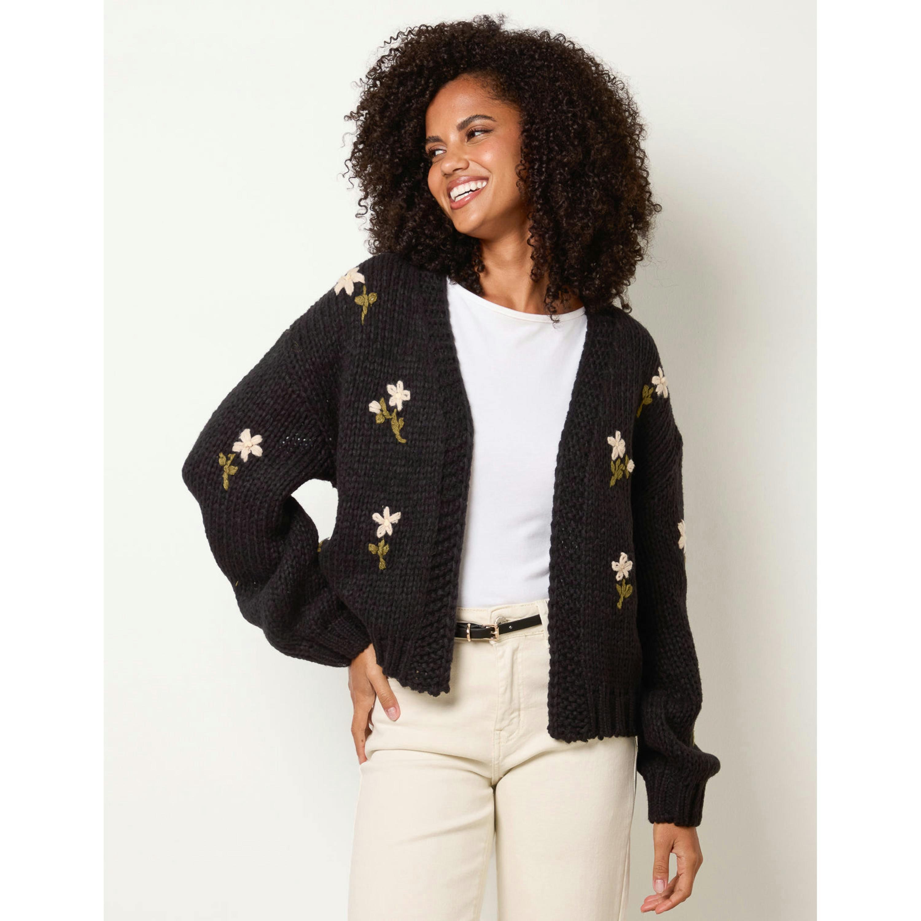 Blue Vanilla Flower Embroidery Detailed Cardigan  in Black , view 1 of 4