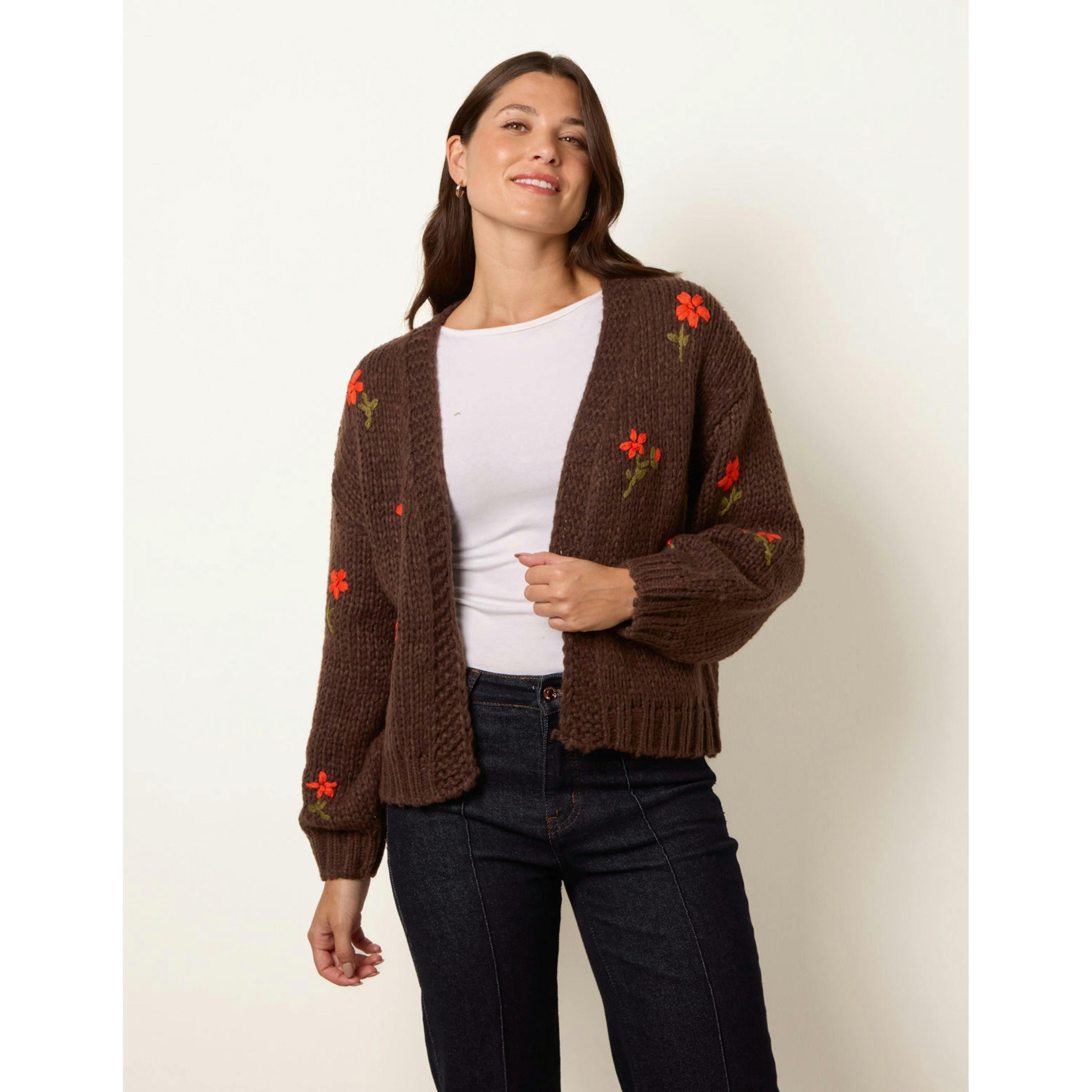 Blue Vanilla Flower Embroidery Detailed Cardigan  in Brown , view 1 of 4