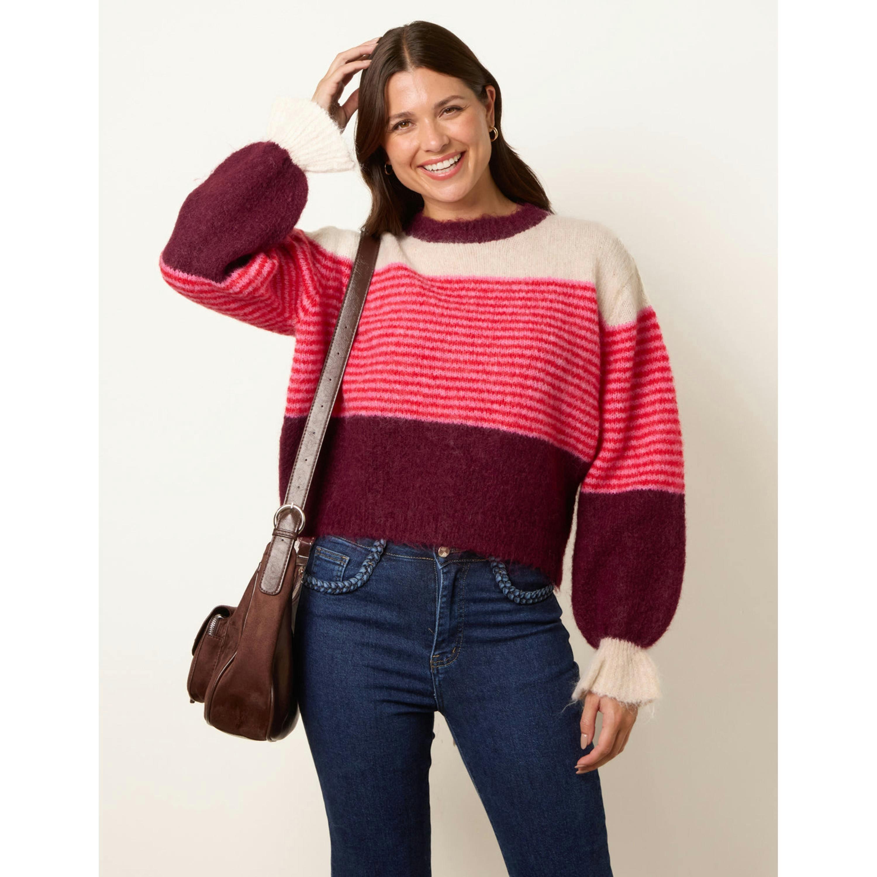 Blue Vanilla Striped Round Neck Knit Jumper  in Wine , view 1 of 4