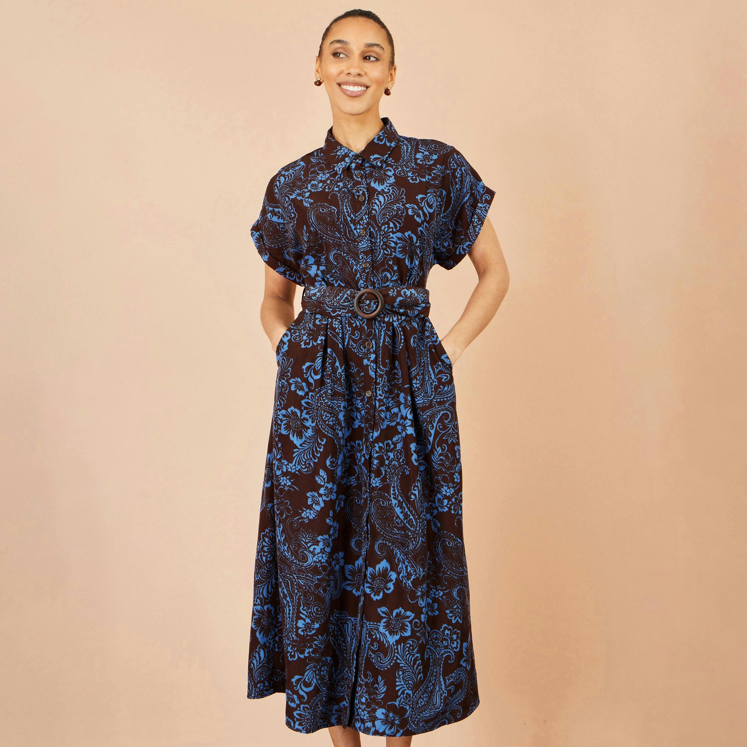 Yumi Brown Paisley Midi Shirt Dress , view 3 of 6