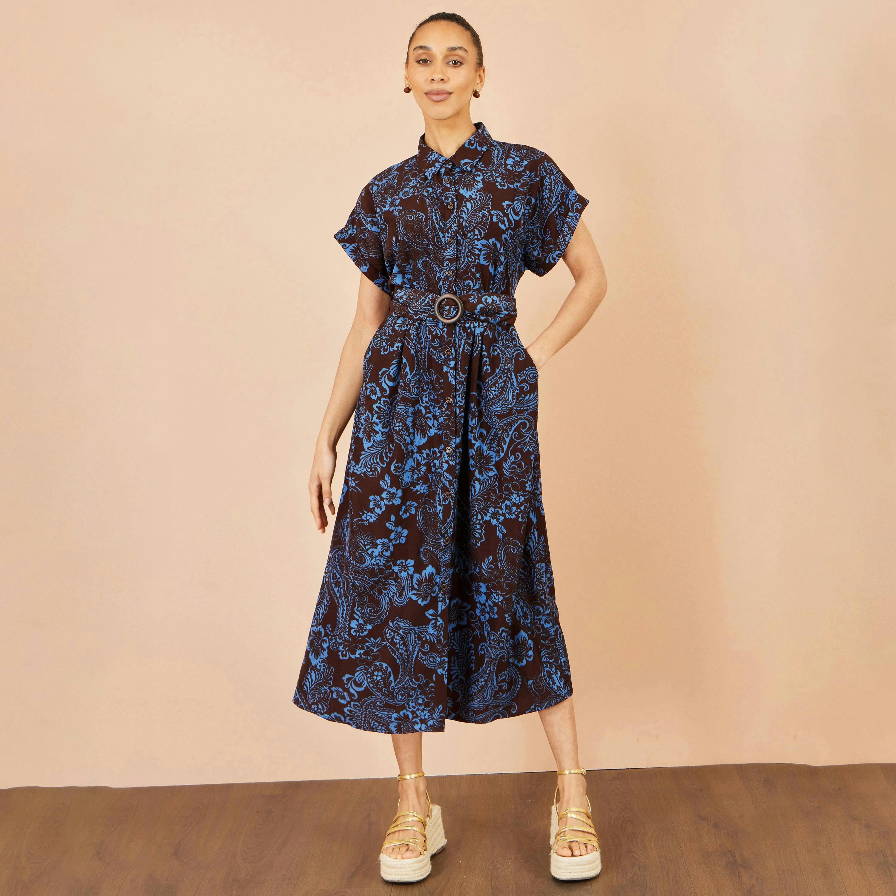 Yumi Brown Paisley Midi Shirt Dress , view 4 of 6