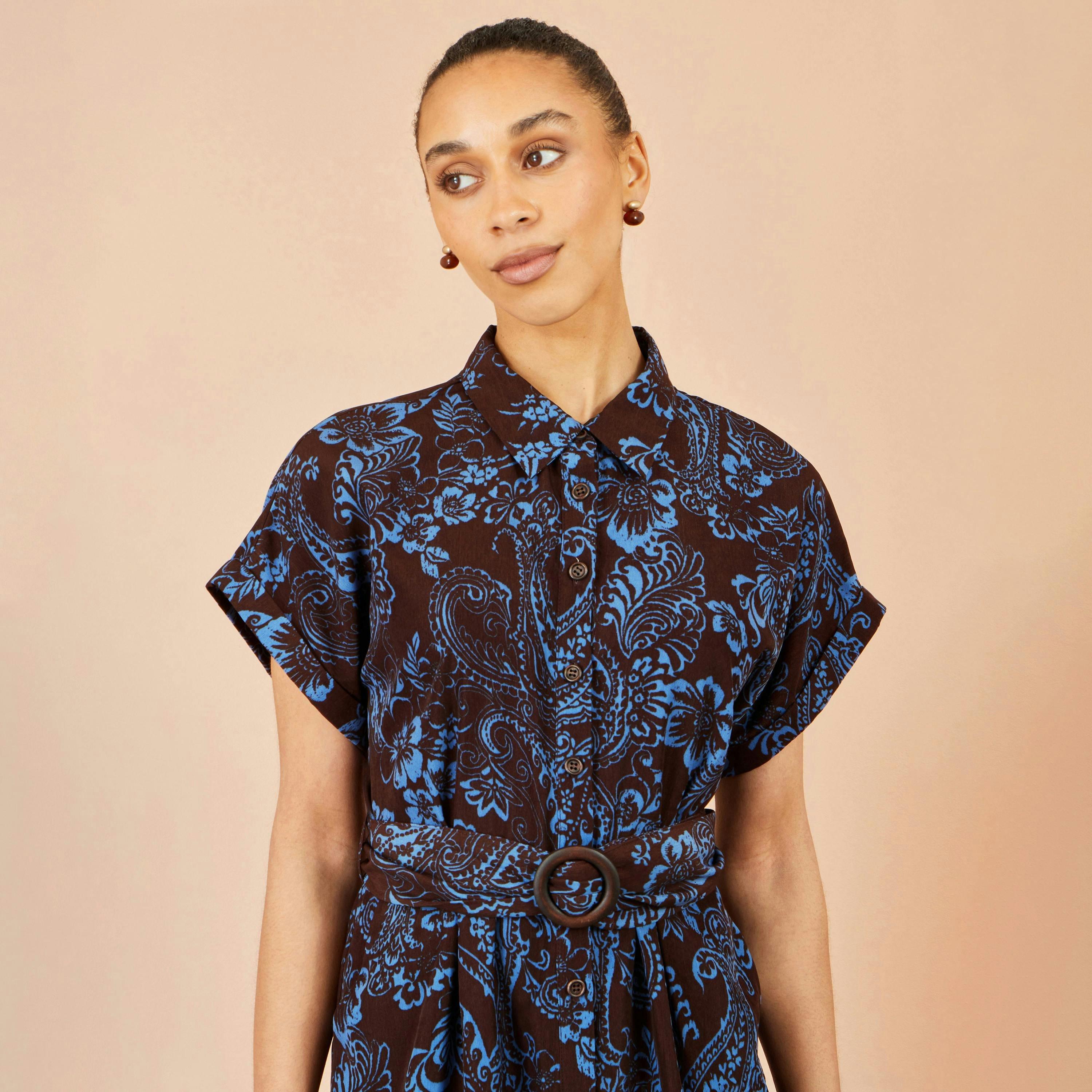 Yumi Brown Paisley Midi Shirt Dress , view 6 of 6