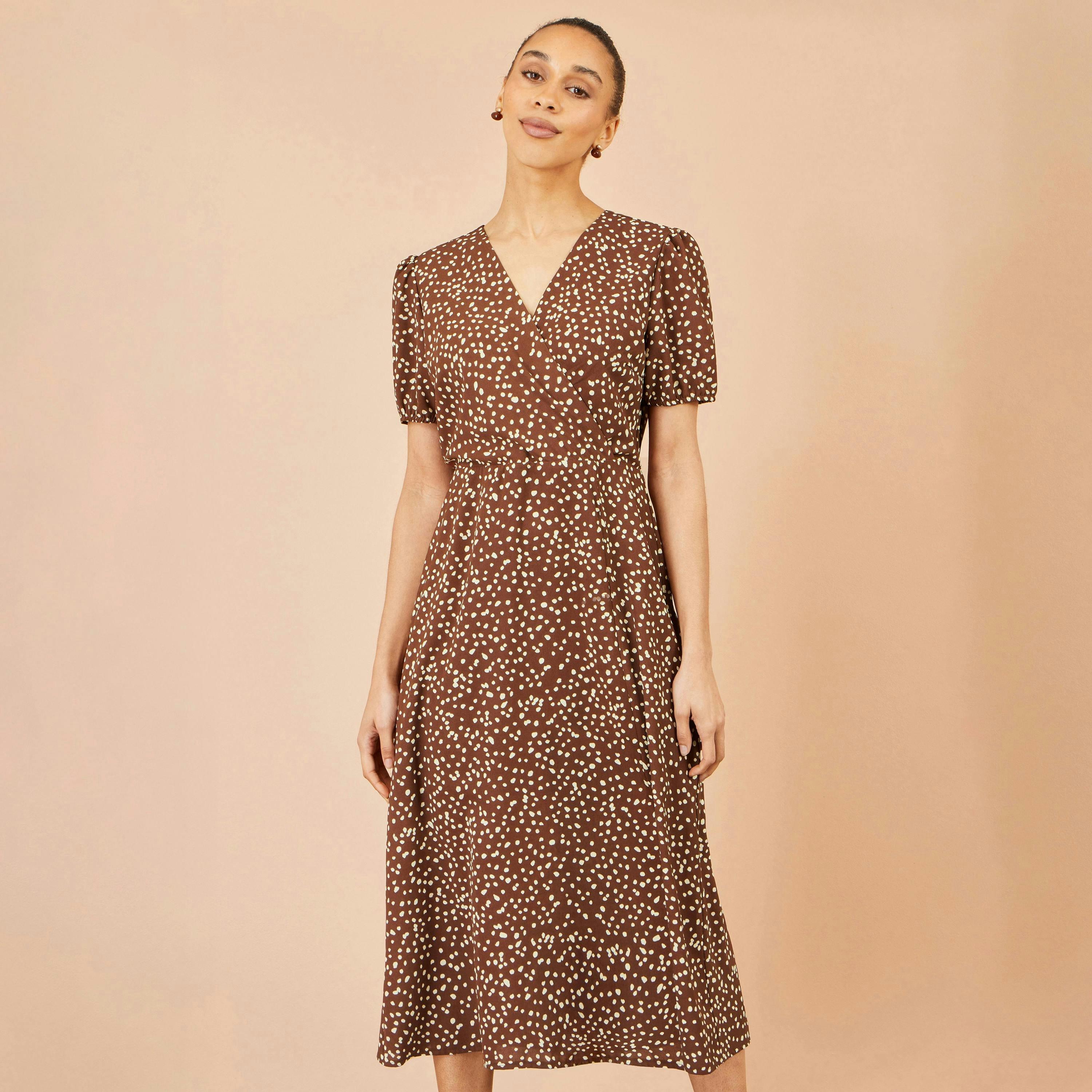 Yumi Brown Spot Midi Dress With Split Hemline , view 2 of 6
