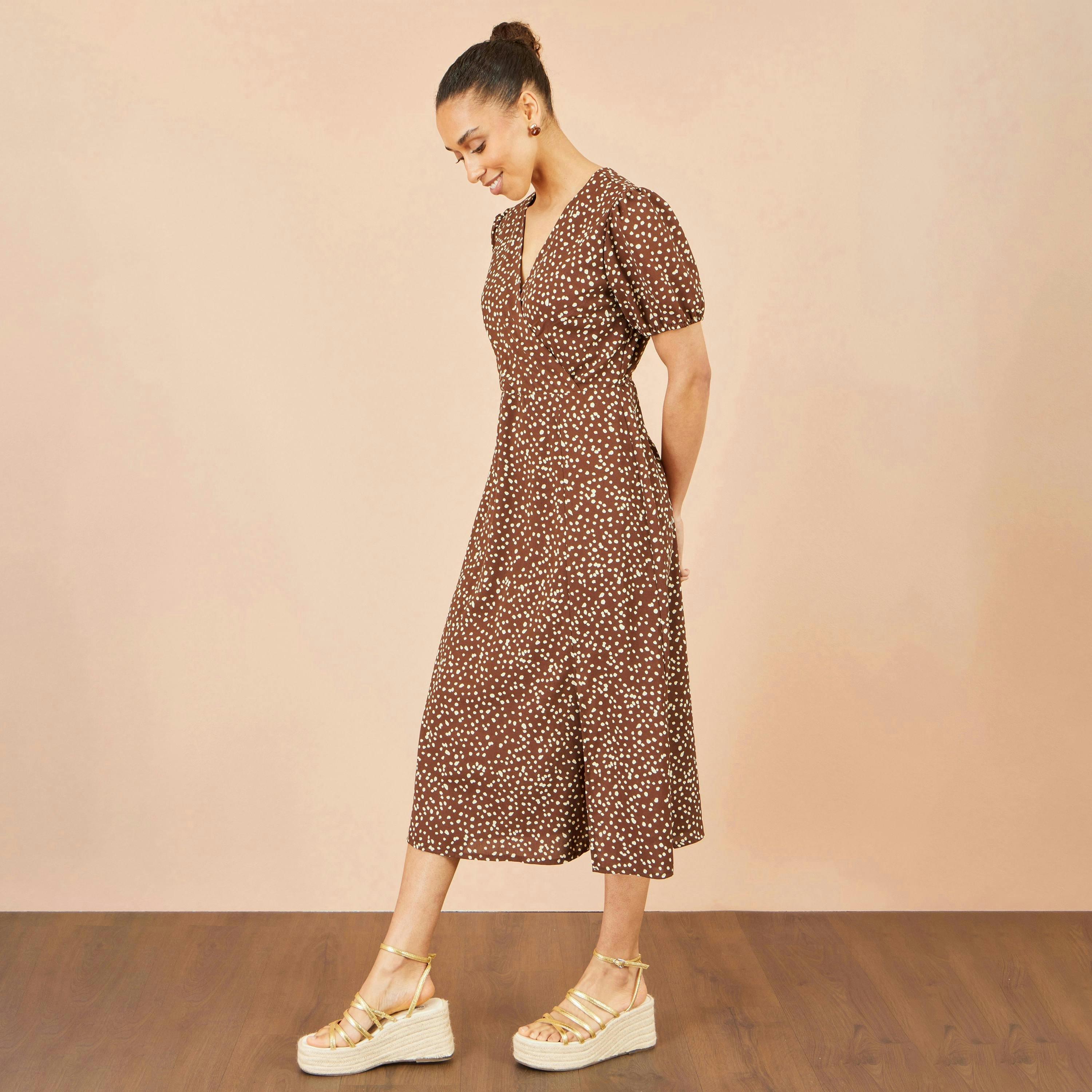 Yumi Brown Spot Midi Dress With Split Hemline , view 3 of 6