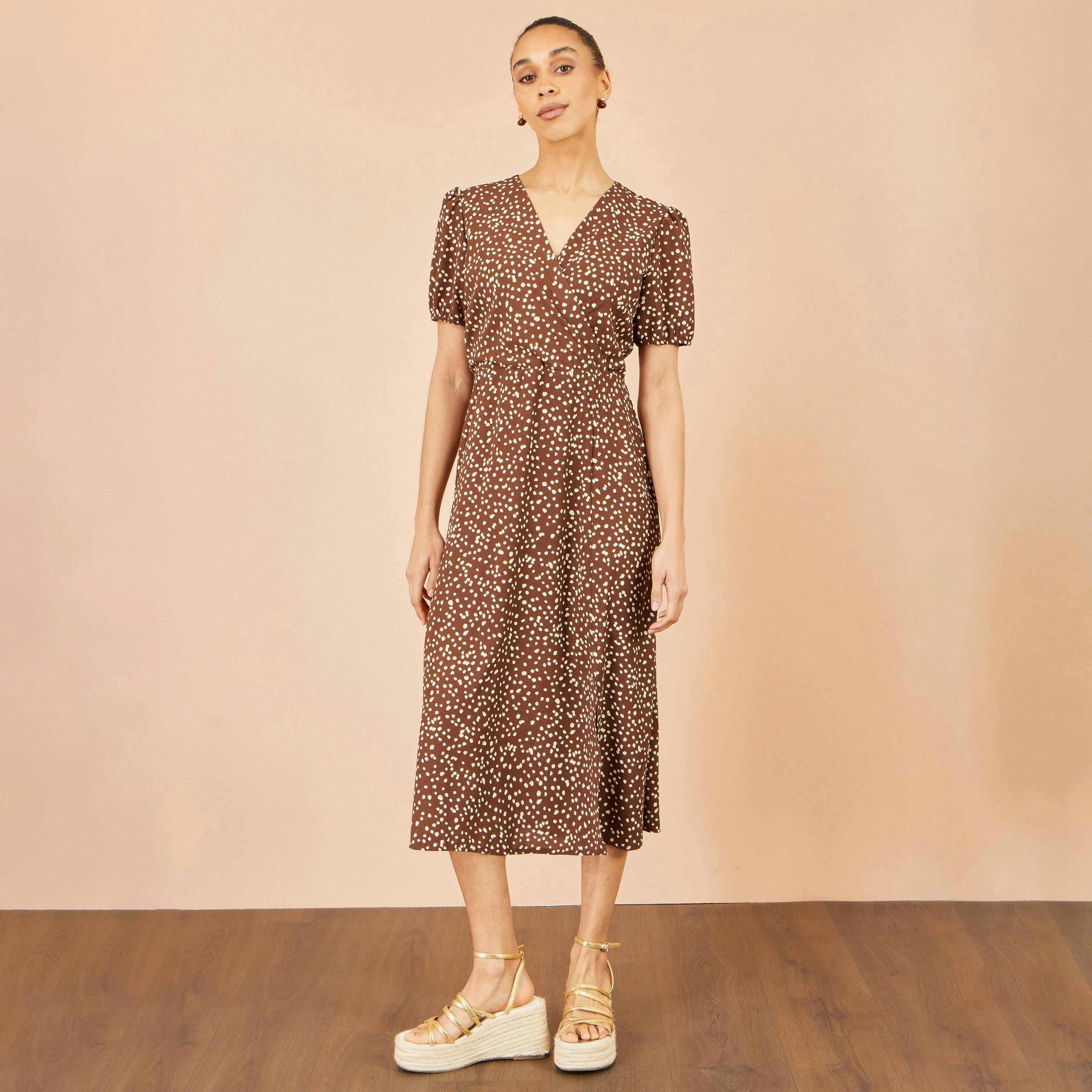 Yumi Brown Spot Midi Dress With Split Hemline , view 4 of 6
