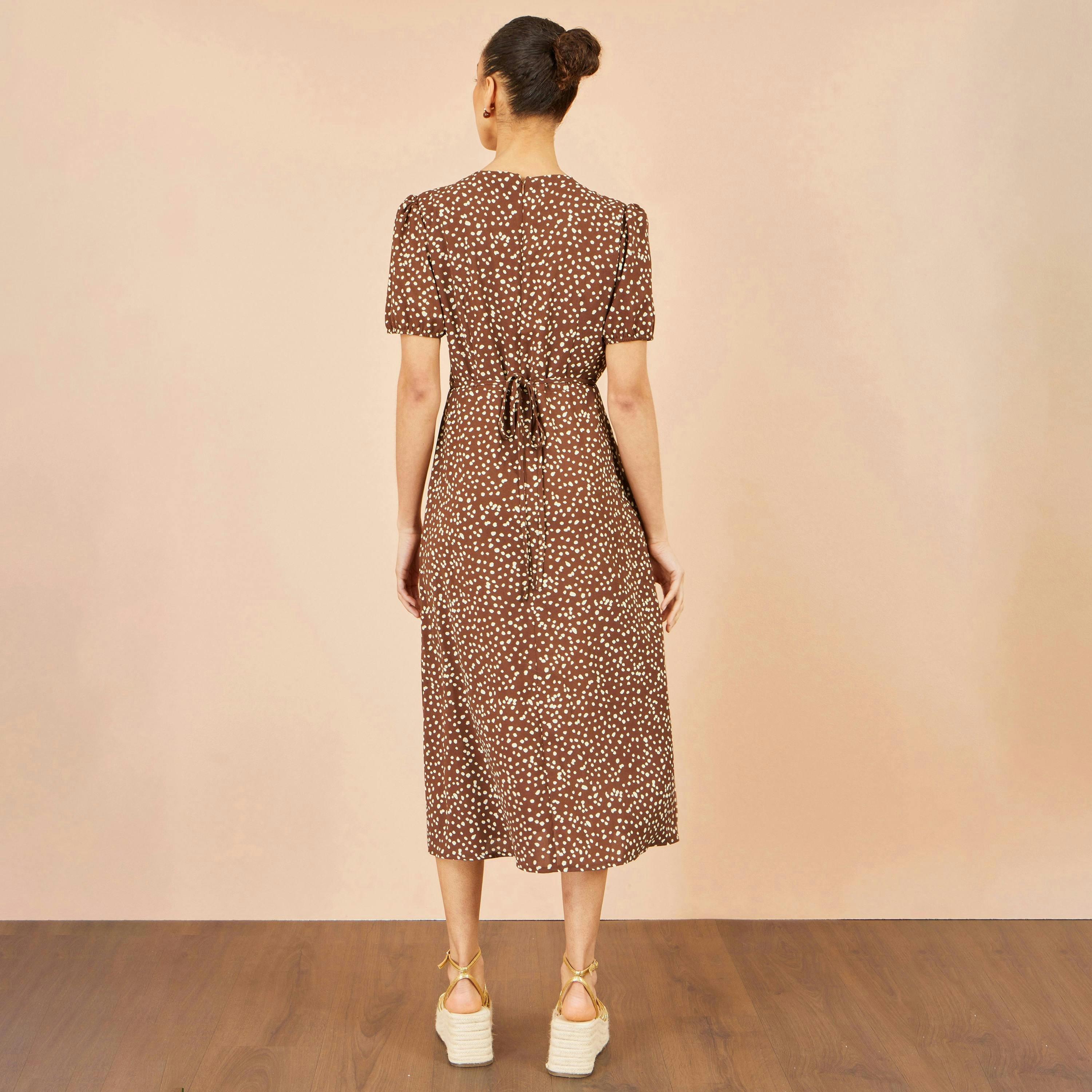 Yumi Brown Spot Midi Dress With Split Hemline , view 5 of 6