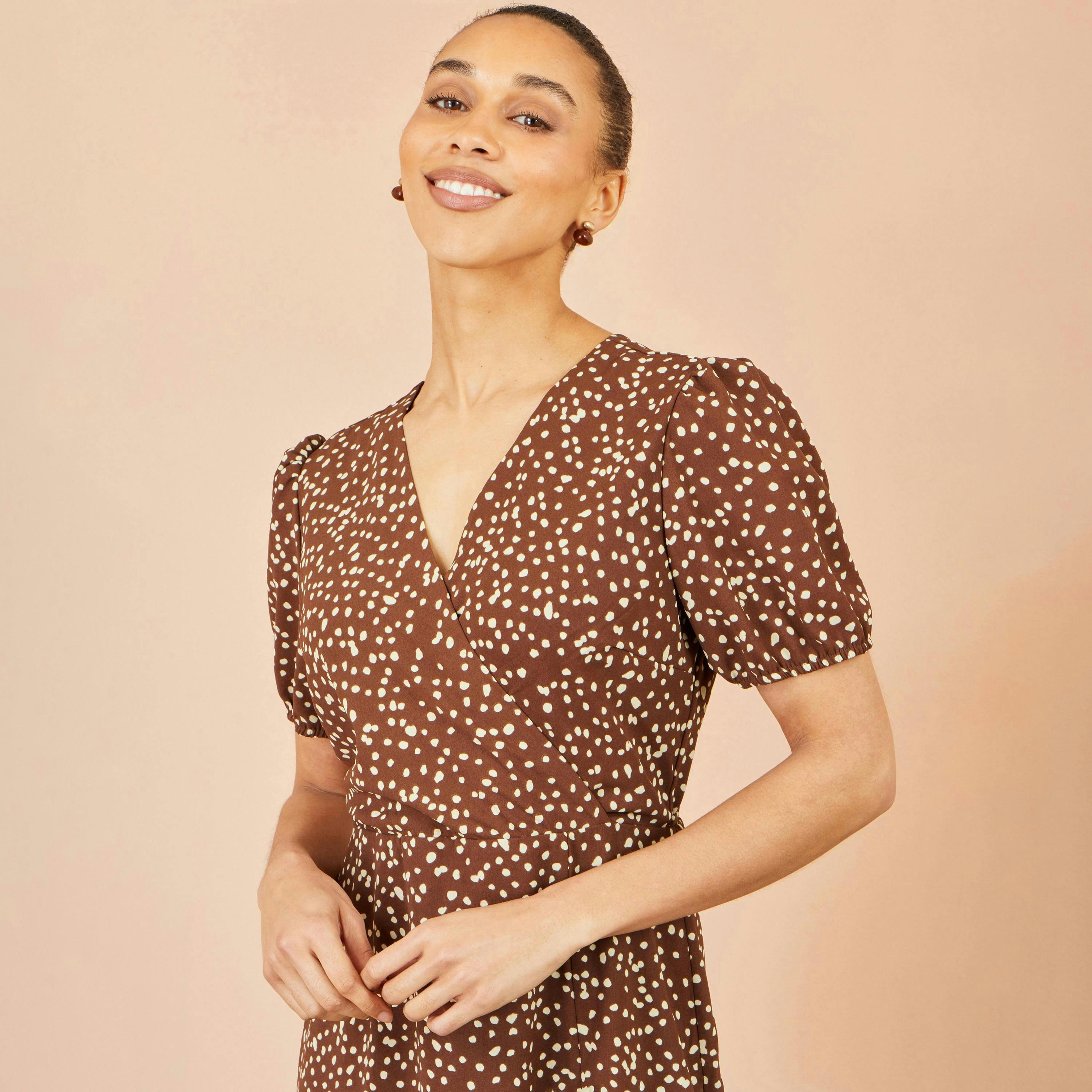 Yumi Brown Spot Midi Dress With Split Hemline , view 6 of 6
