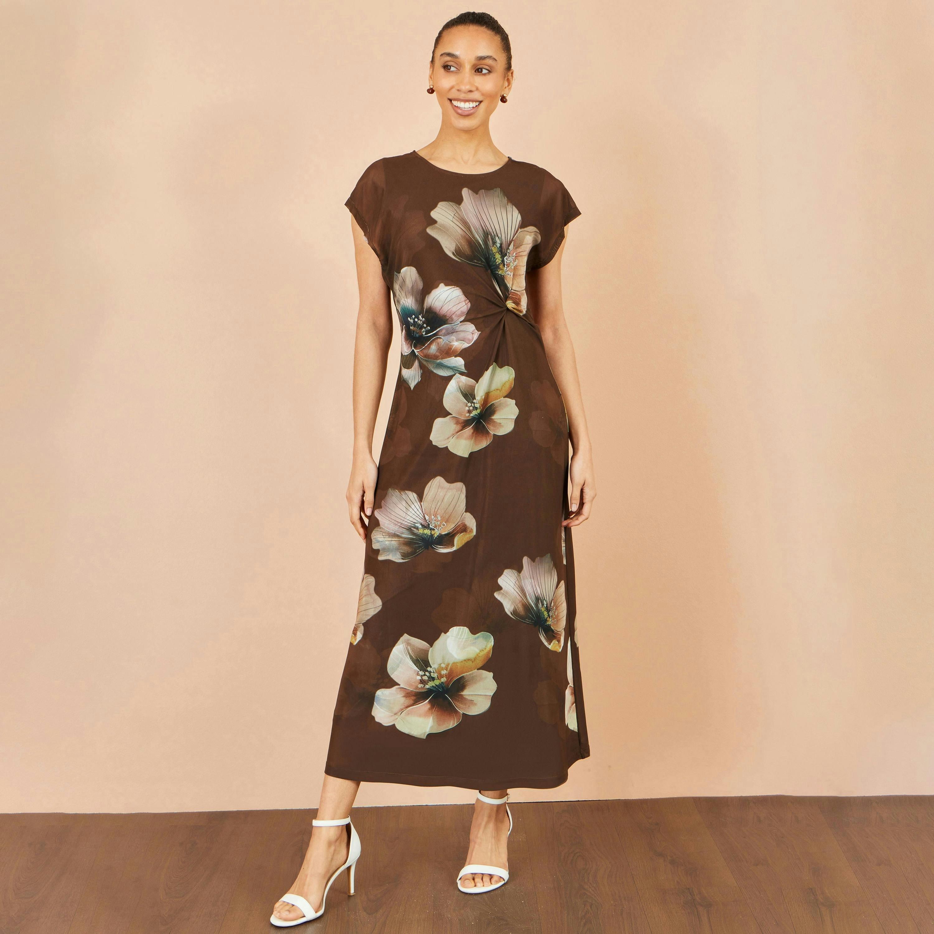 Yumi Brown Mesh Floral Midi Dress , view 2 of 5